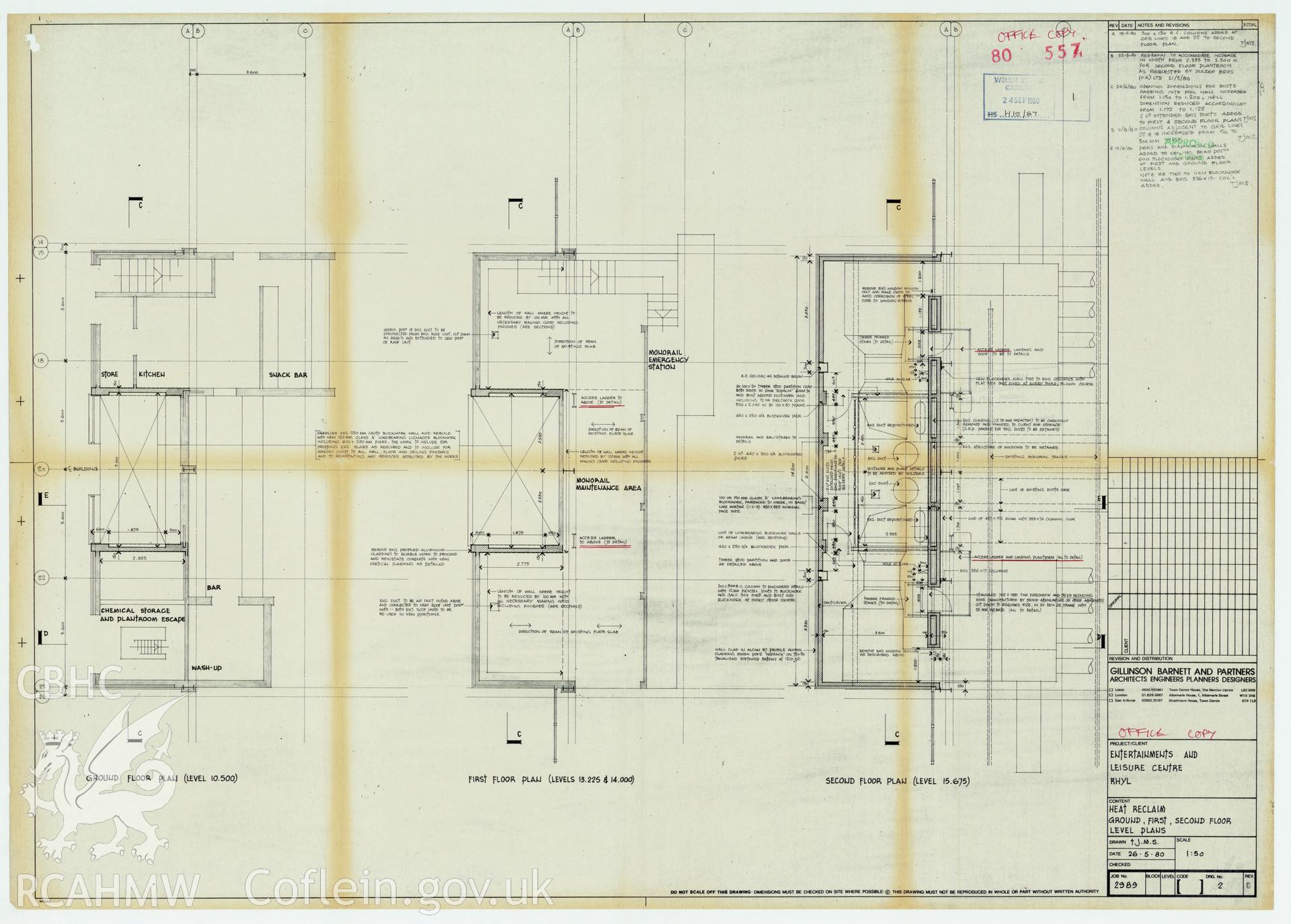 Digital copy of a measured drawing showing heat reclamation plan of ground, first and second of the entertainment complex at Rhyl Sun Centre and Theatre, produced by Gillinson Barnett & Partners  1980. Loaned for copying by Denbighshire County Council.