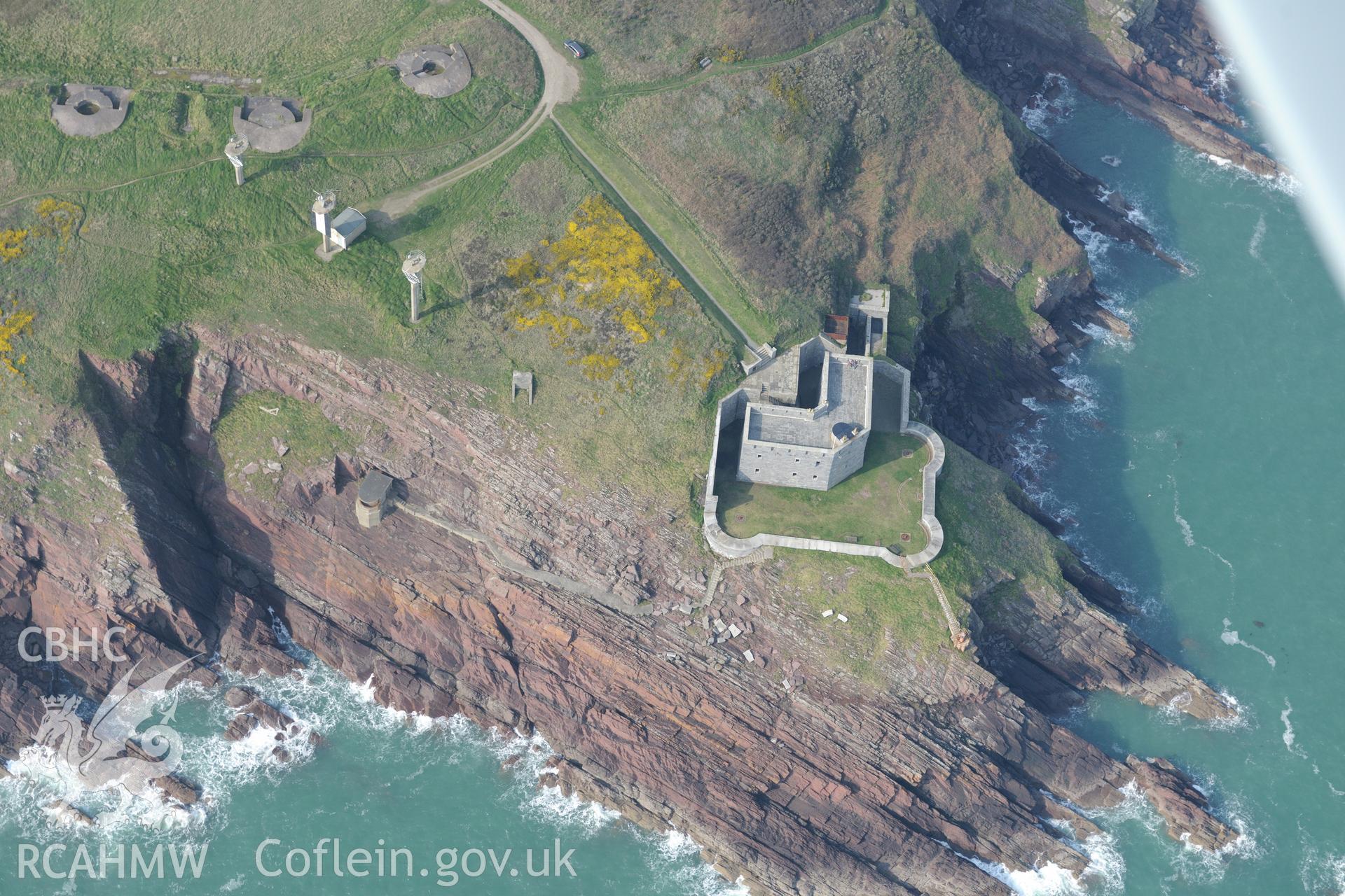 Aerial photography of West Blockhouse taken on 27th March 2017. Baseline aerial reconnaissance survey for the CHERISH Project. ? Crown: CHERISH PROJECT 2017. Produced with EU funds through the Ireland Wales Co-operation Programme 2014-2020. All material made freely available through the Open Government Licence.