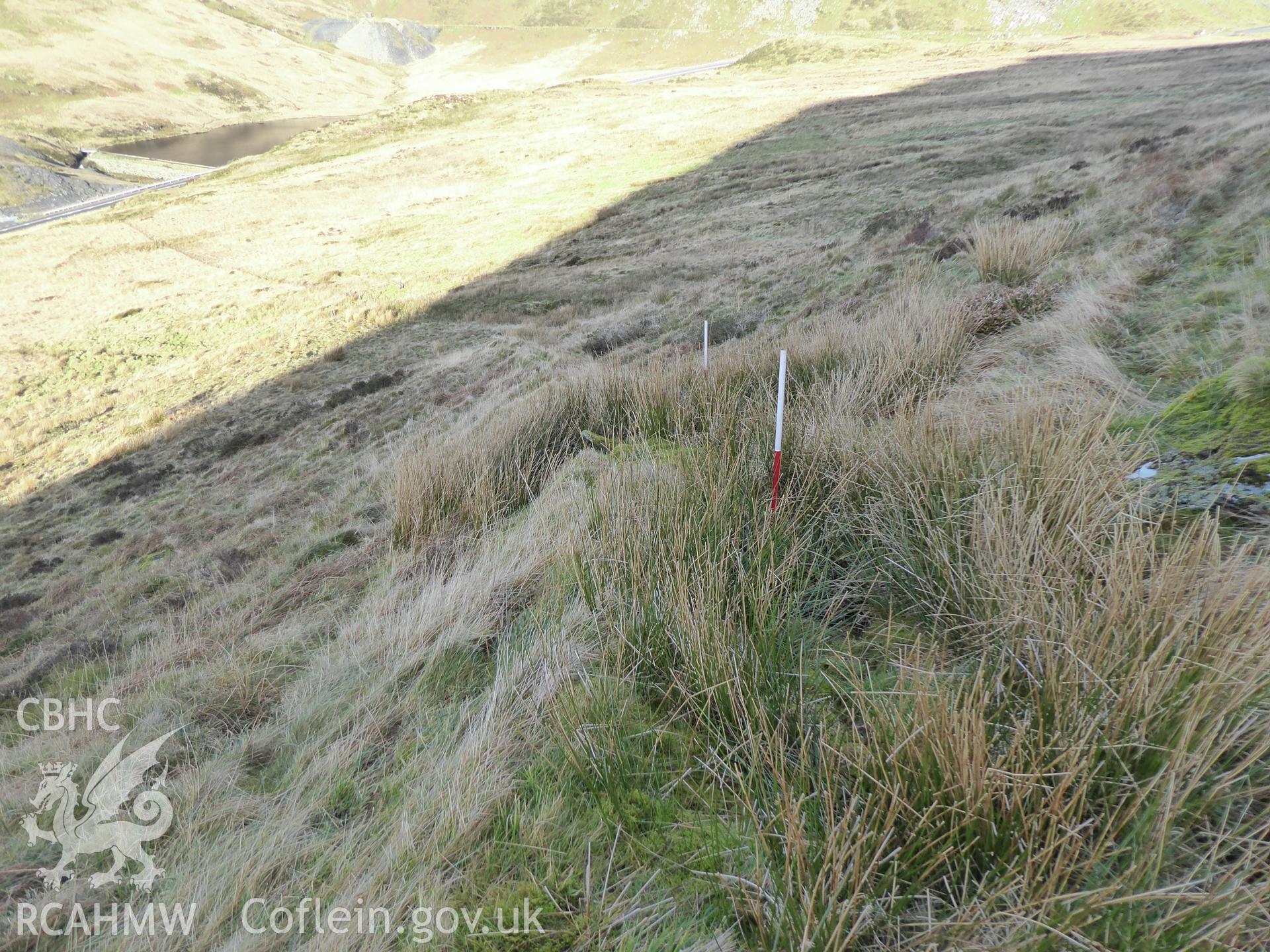 Moel Bowydd drain, photographed on 11th February 2019 as part of archaeological assessment of Antur Stiniog Downhill Cycle Tracks Extension, conducted by I. P. Brooks of Engineering Archaeological Services Ltd.