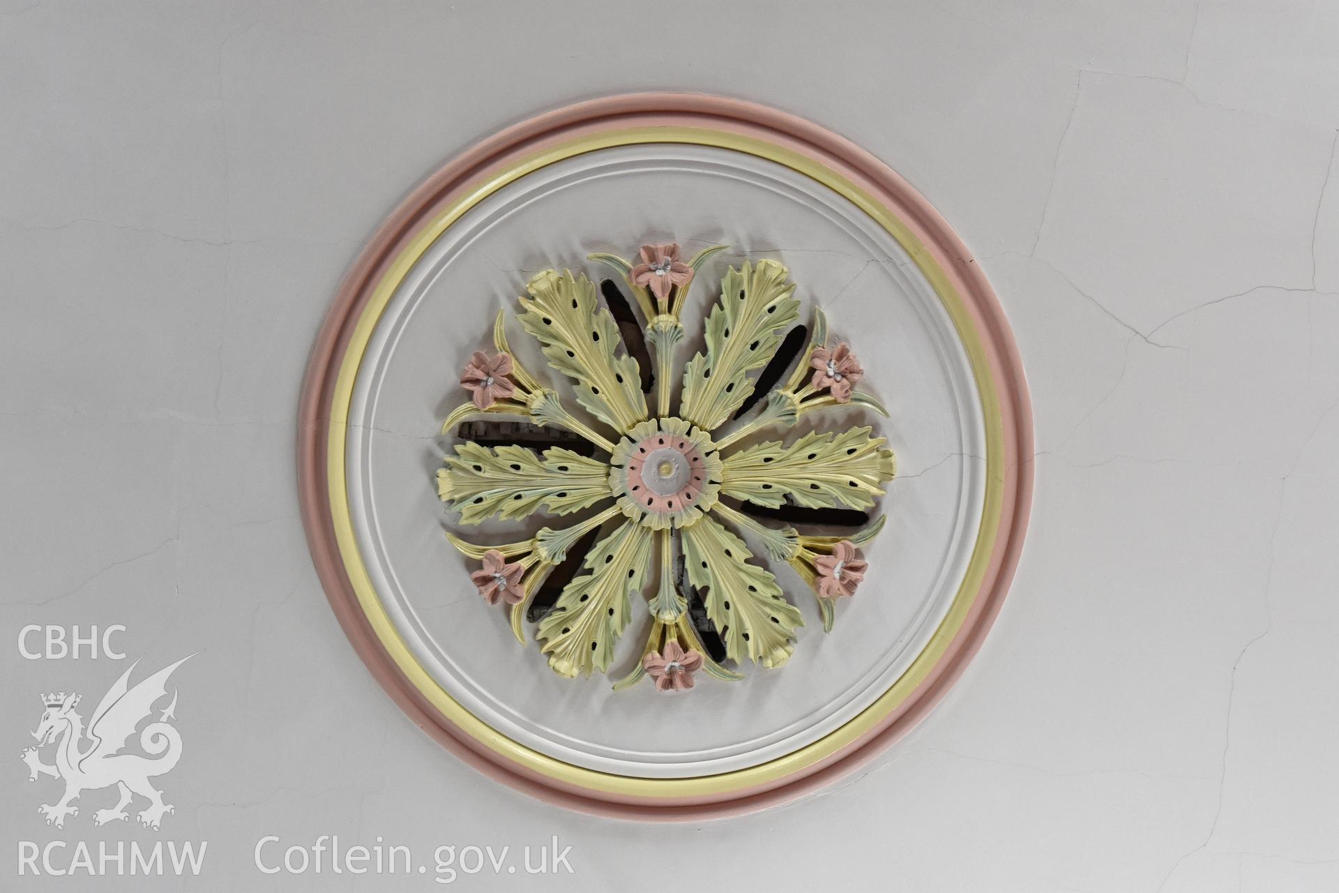 Colour photograph showing detail of ceiling decoration at the Baptist & Unitarian Chapel, Nottage, Porthcawl. Taken during photographic survey conducted by Sue Fielding on 12th May 2018.