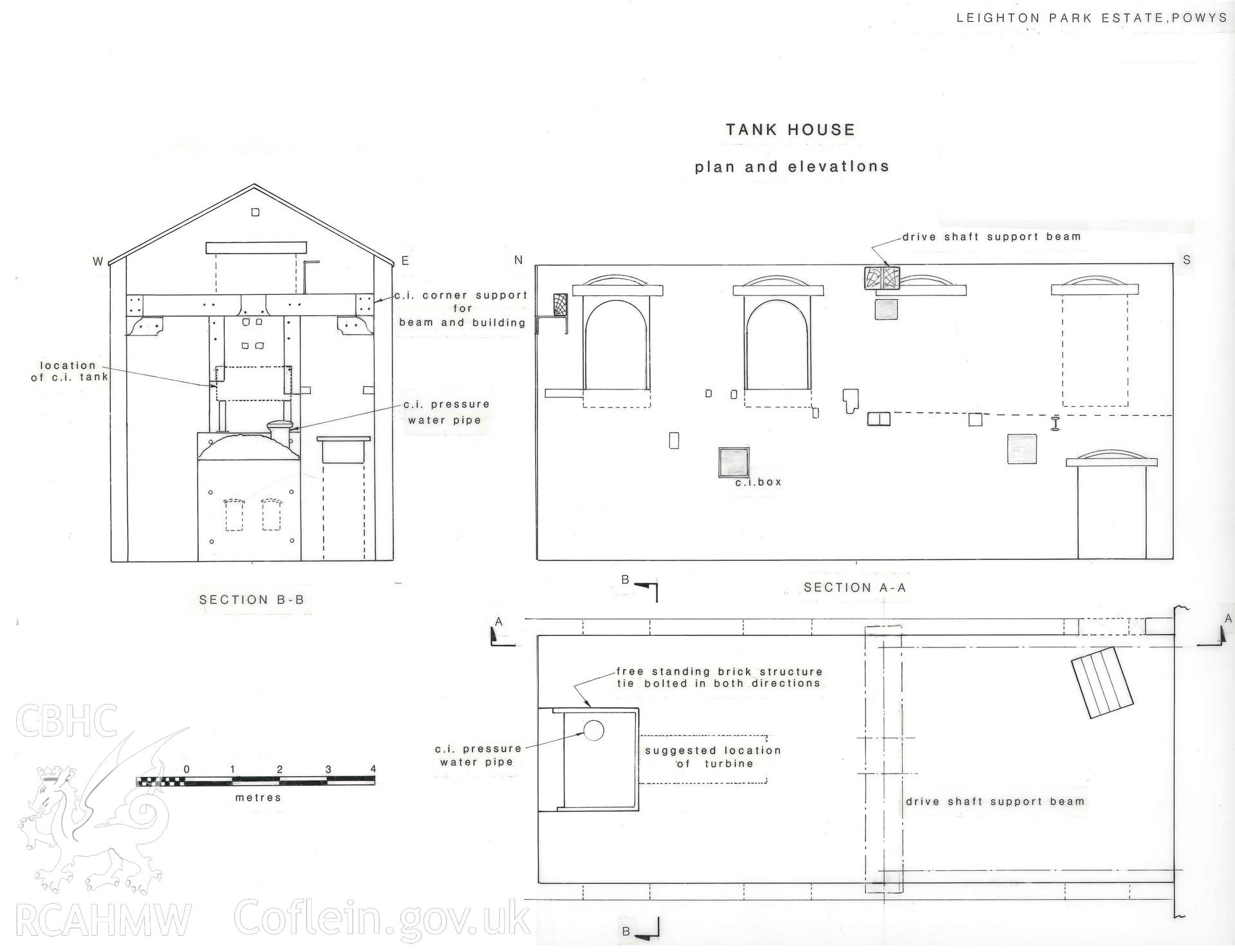 Graphic of the plan and elevation of Tank House used in report illustrations prepared as part of CPAT Project 2356: Brook House Tank, Leighton, Powys - Building Survey, 2019. Report no. 1645.