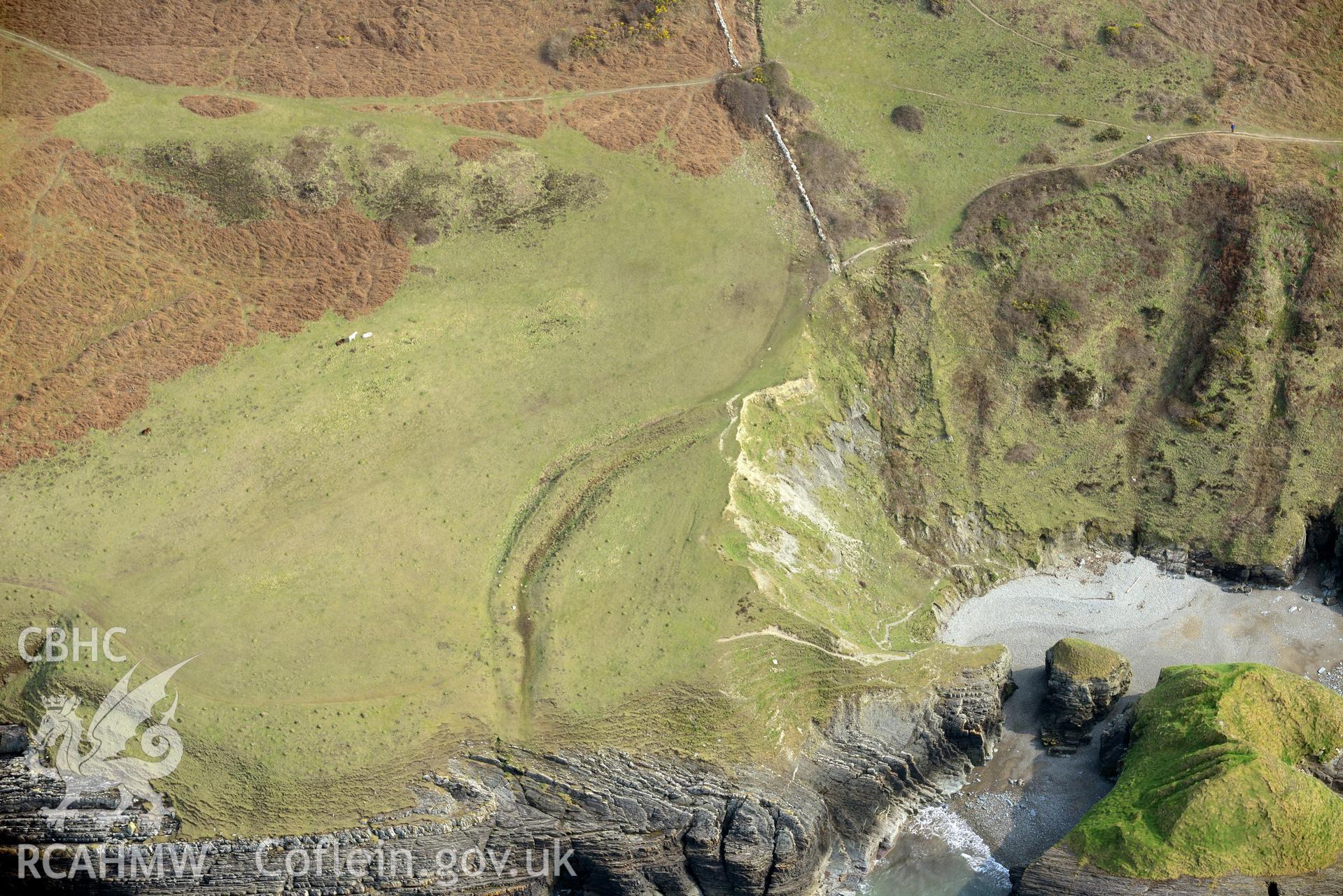 Aerial photography of Castell Bach taken on 27th March 2017 to monitor coastal erosion. Baseline aerial reconnaissance survey for the CHERISH Project. ? Crown: CHERISH PROJECT 2019. Produced with EU funds through the Ireland Wales Co-operation Programme 2014-2020. All material made freely available through the Open Government Licence.