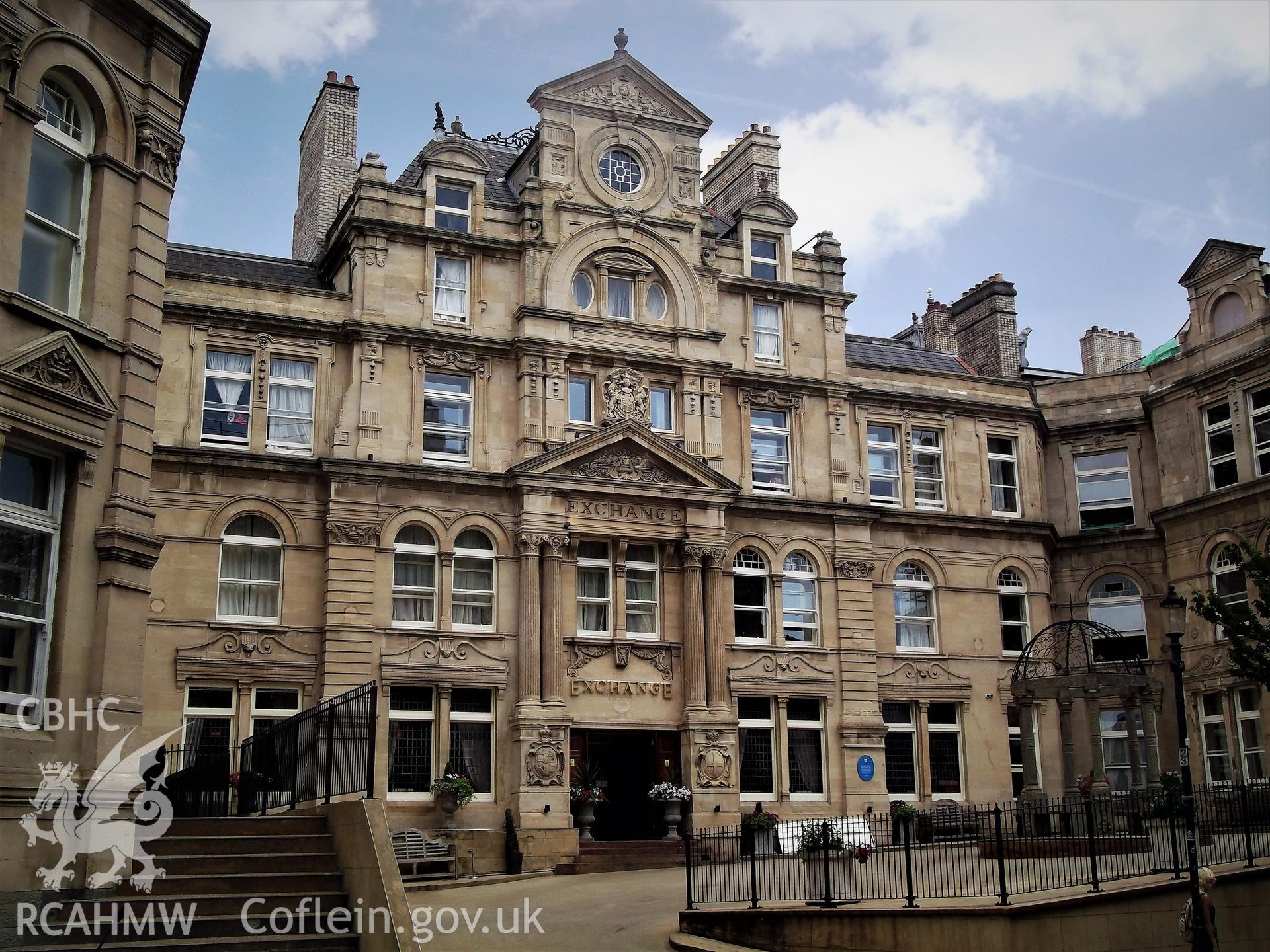Colour photograph showing exterior of the old coal exchange (now the Exchange Hotel), Mount Stuart Square, Butetown, taken by Adam Coward on 10th July 2018.