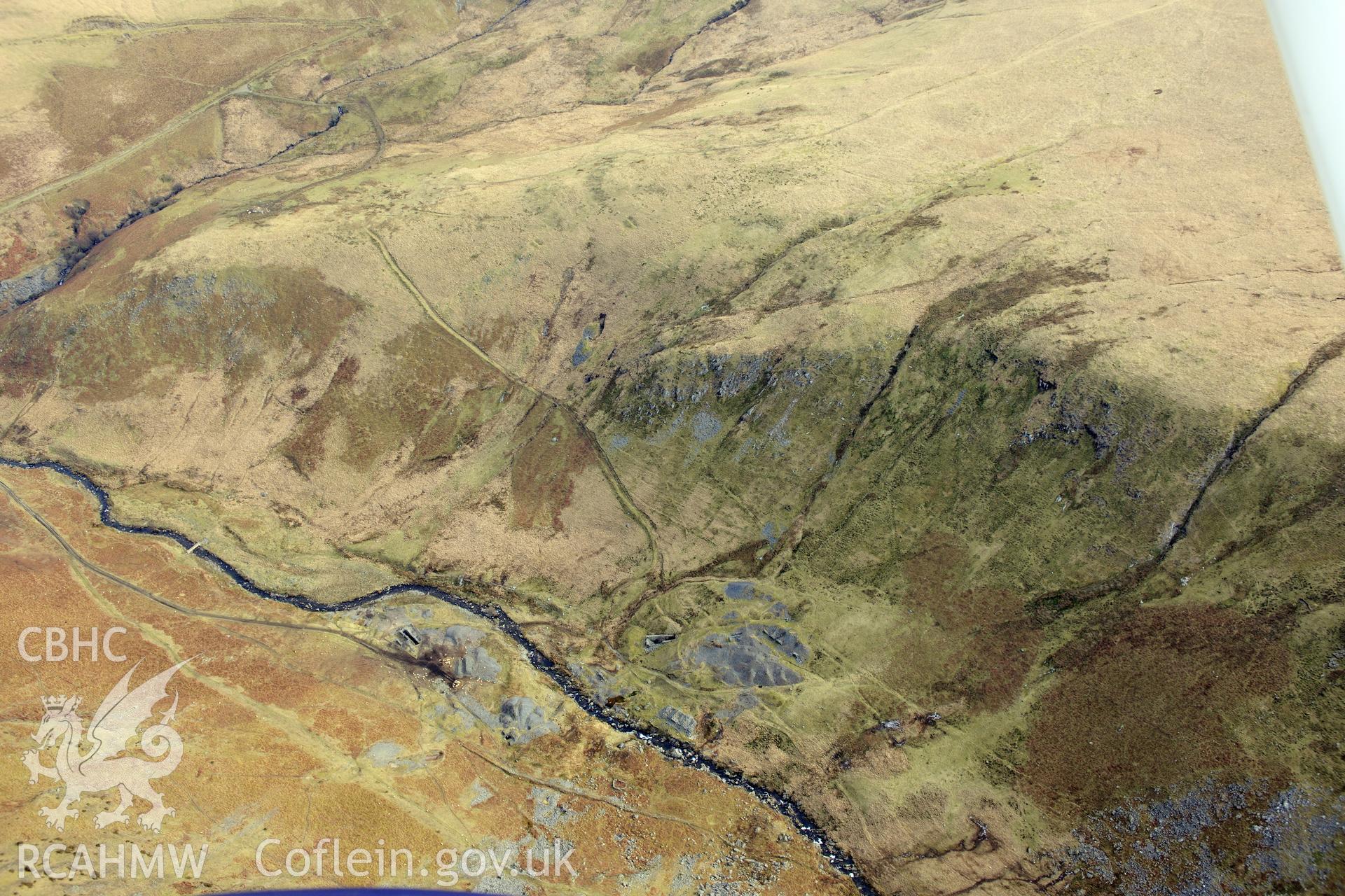 Nantycar copper and lead mine, south west of Rhayader. Oblique aerial photograph taken during the Royal Commission?s programme of archaeological aerial reconnaissance by Toby Driver on 28th February 2013.