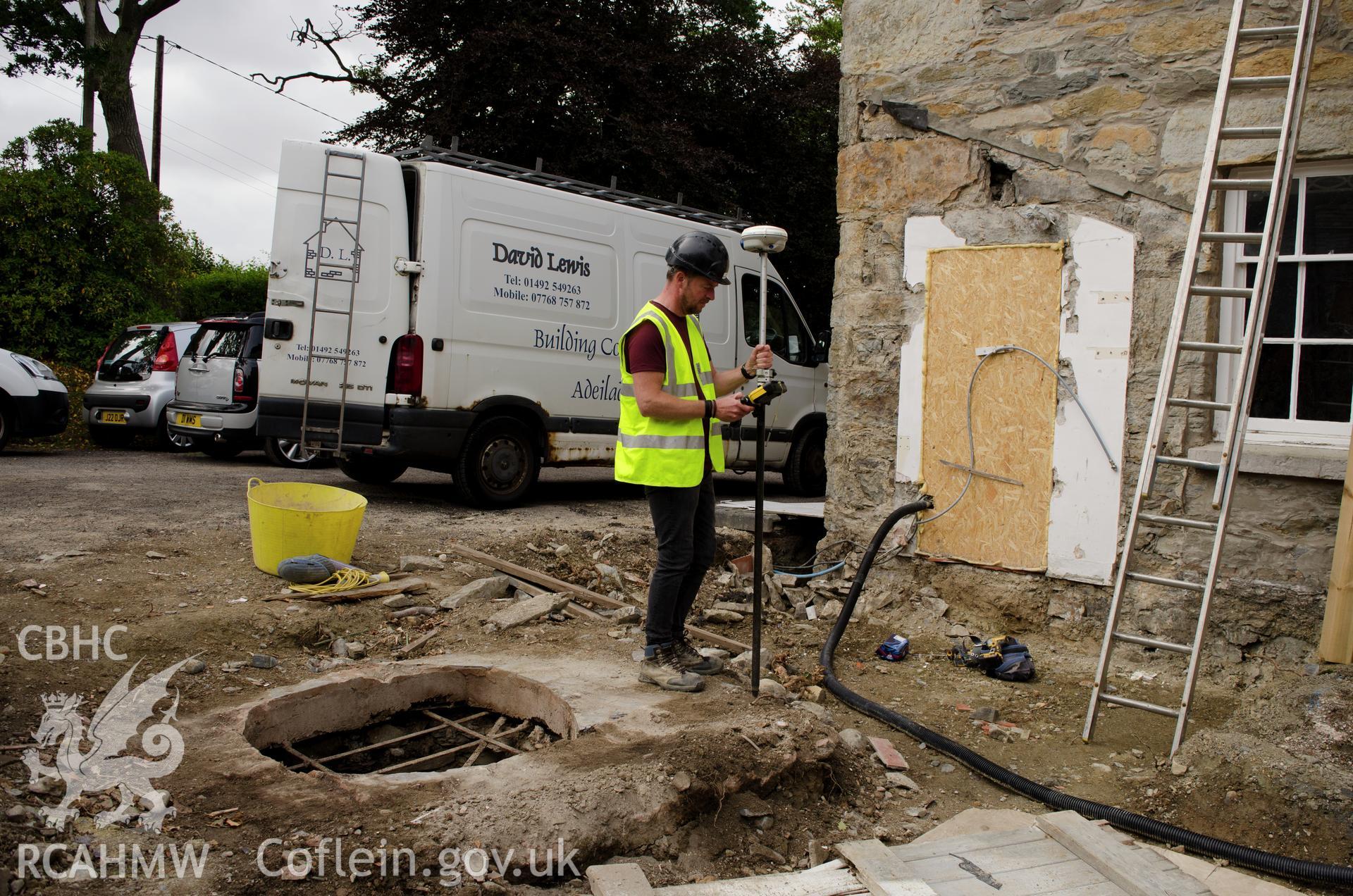 'Trimble survey of the well, view from the north.' Photographed by Gwynedd Archaeological Trust as part of archaeological mitigation report for well at Plas Celynin, Henryd, Conwy, on 1st August 2018. Project no. G2568.