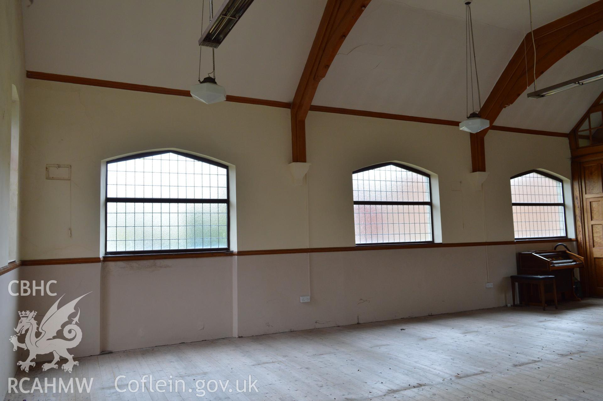 Internal view of north elevation in main church hall. Digital colour photograph taken during CPAT Project 2396 at the United Reformed Church in Northop. Prepared by Clwyd Powys Archaeological Trust, 2018-2019.