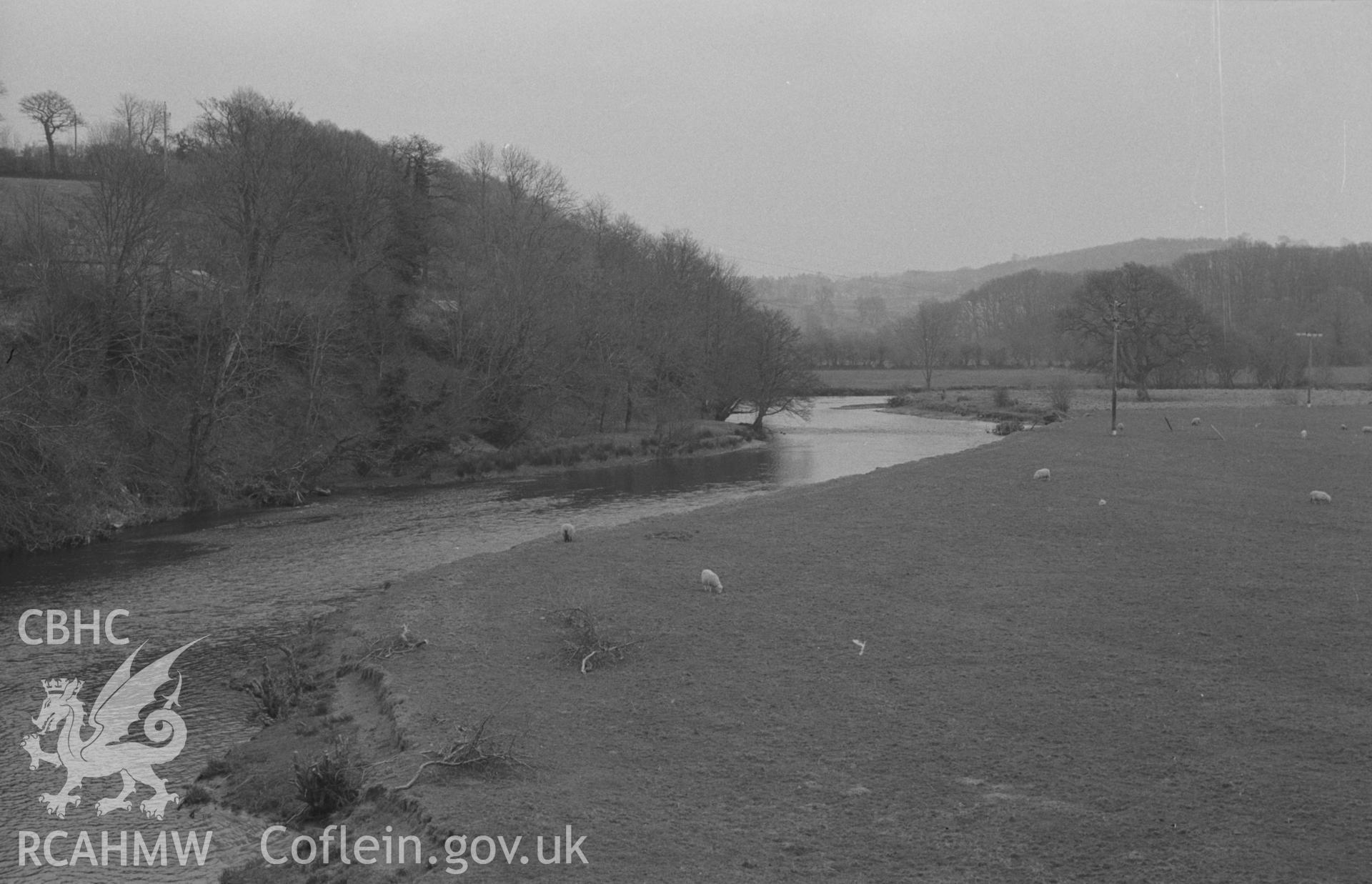 Digital copy of a black and white negative showing view looking up the river Teifi from Pont Llanfihangel, Llanfihangel-ar-Arth. Photographed by Arthur O. Chater on 11th April 1967 looking east from Grid Reference SN 457 403.
