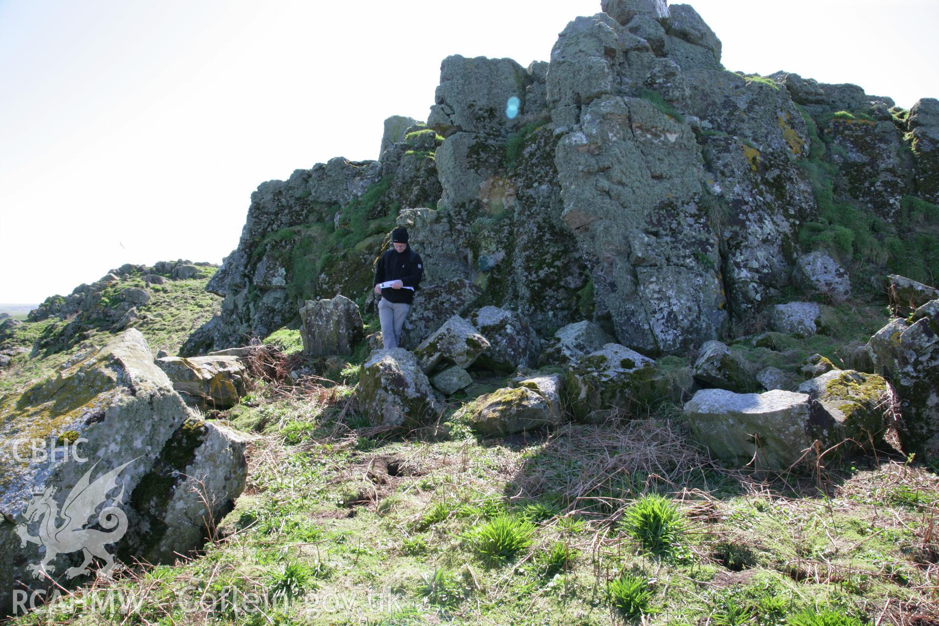 Investigator's photography of historic, post-medieval stone quarry on the northern part of Skomer Island, photographed in April 2011.