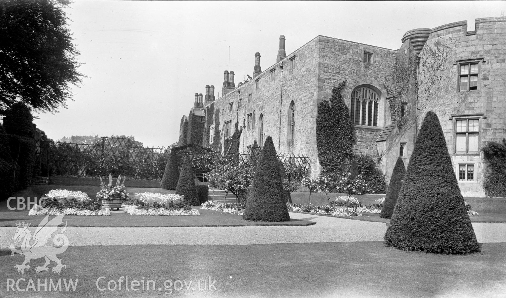 Digital copy of nitrate negative showing view of Chirk Castle taken by Leonard Monroe, undated.