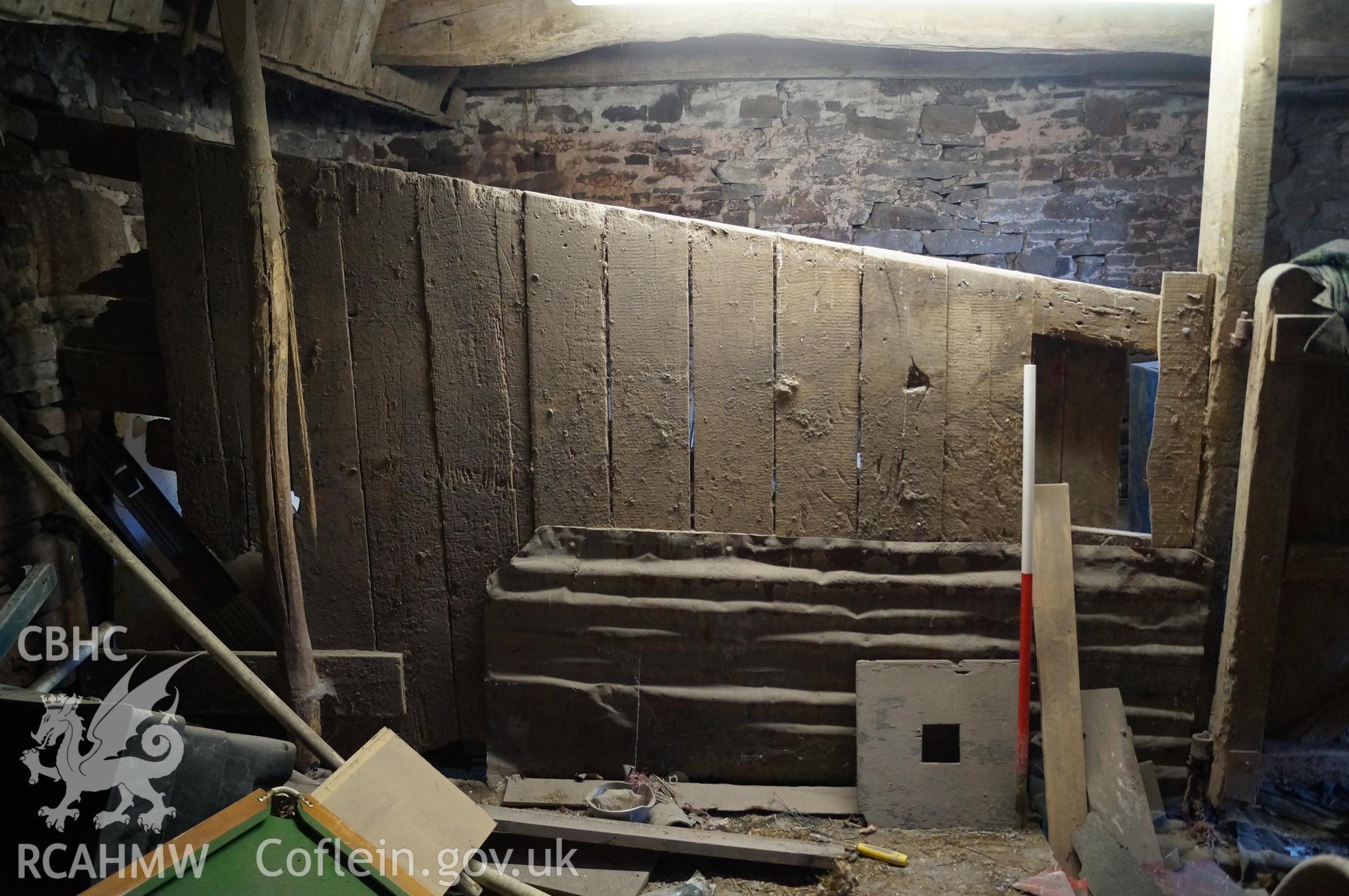 Interior view 'looking north northeast showing the partition in the stable' on Gwrlodau Farm, Llanbedr, Crickhowell. Photograph and description by Jenny Hall and Paul Sambrook of Trysor, 9th February 2018.