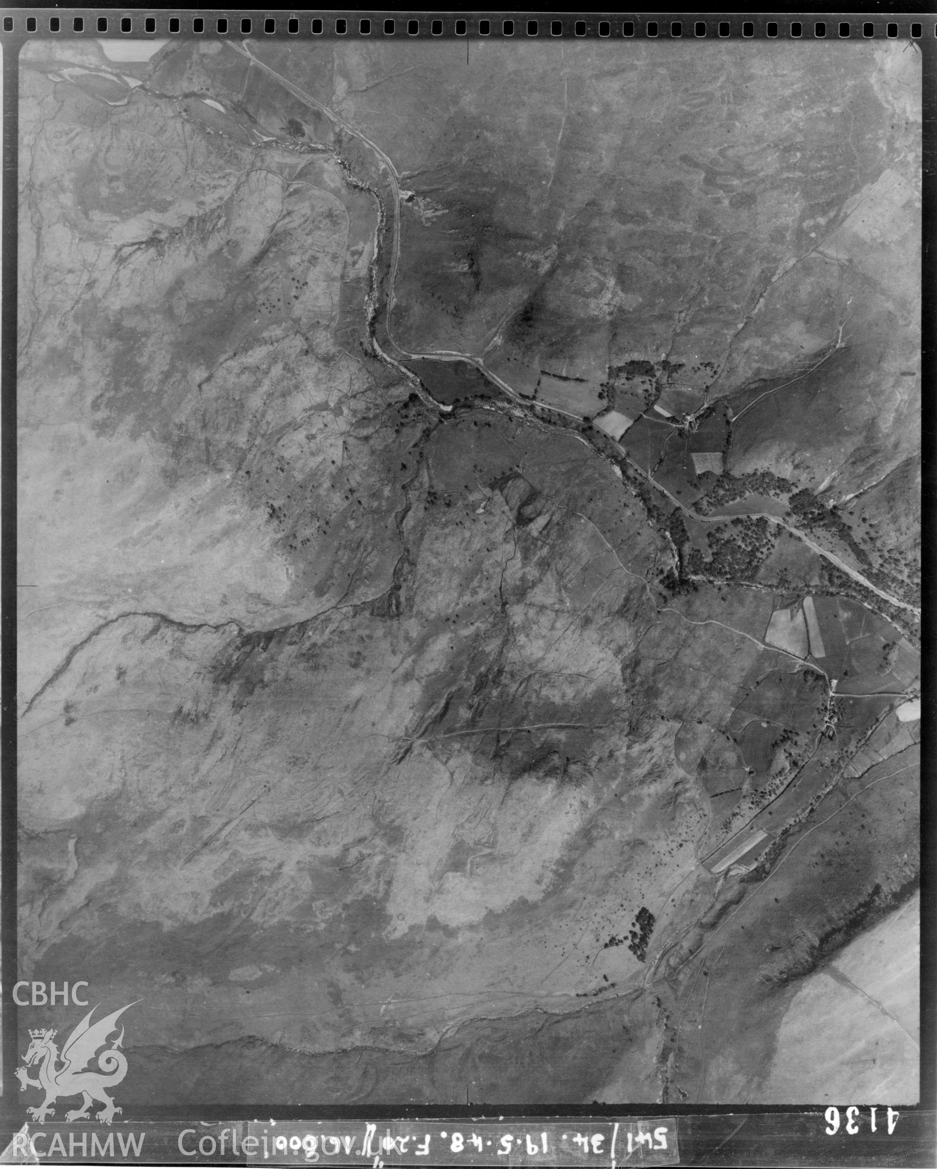 Aerial photograph of the Elan Valley, dated 1948. Included in material relating to Archaeological Desk Based Assessment of Afon Claerwen, Elan Valley, Rhayader, Powys. Assessment conducted by Archaeology Wales in 2017-18. Report no. 1633. Project no. 2573.