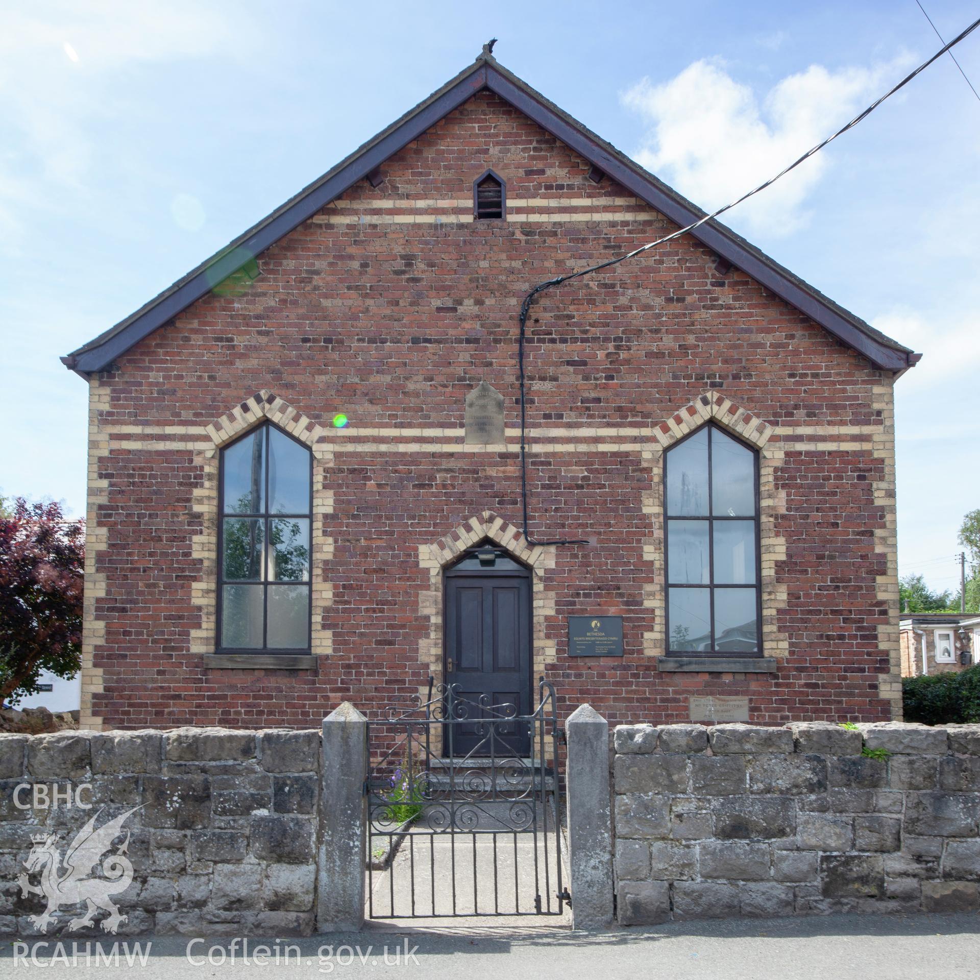 Colour photograph showing front elevation and entrance of Bethesda Calvinistic Methodist Chapel, Gwernaffield, Mold. Photographed by Richard Barrett on 4th August 2018.