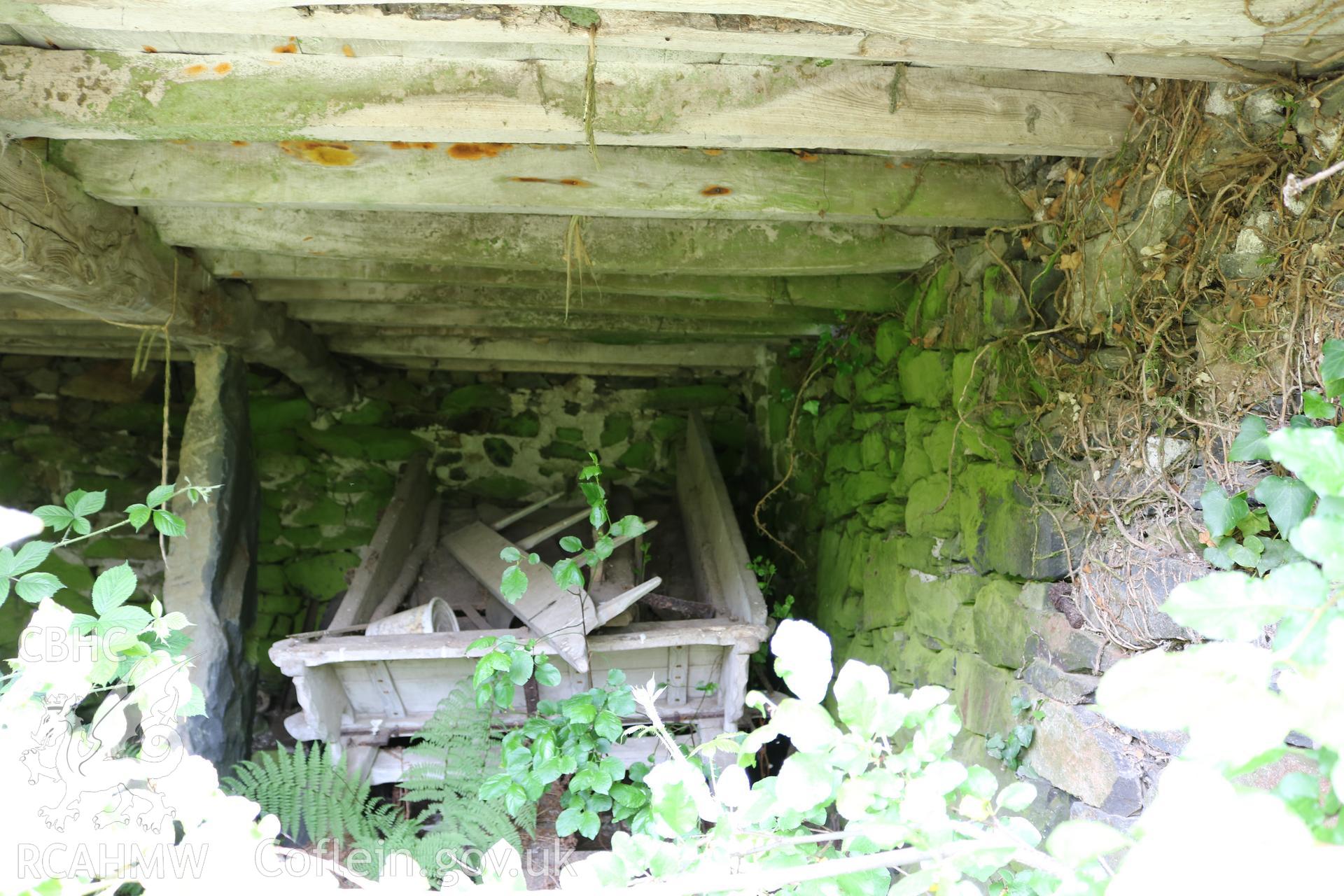 Photograph showing interior view of cartshed, at Maes yr Hendre, taken by Dr Marian Gwyn, 6th July 2016. (Original Reference no. 0272)