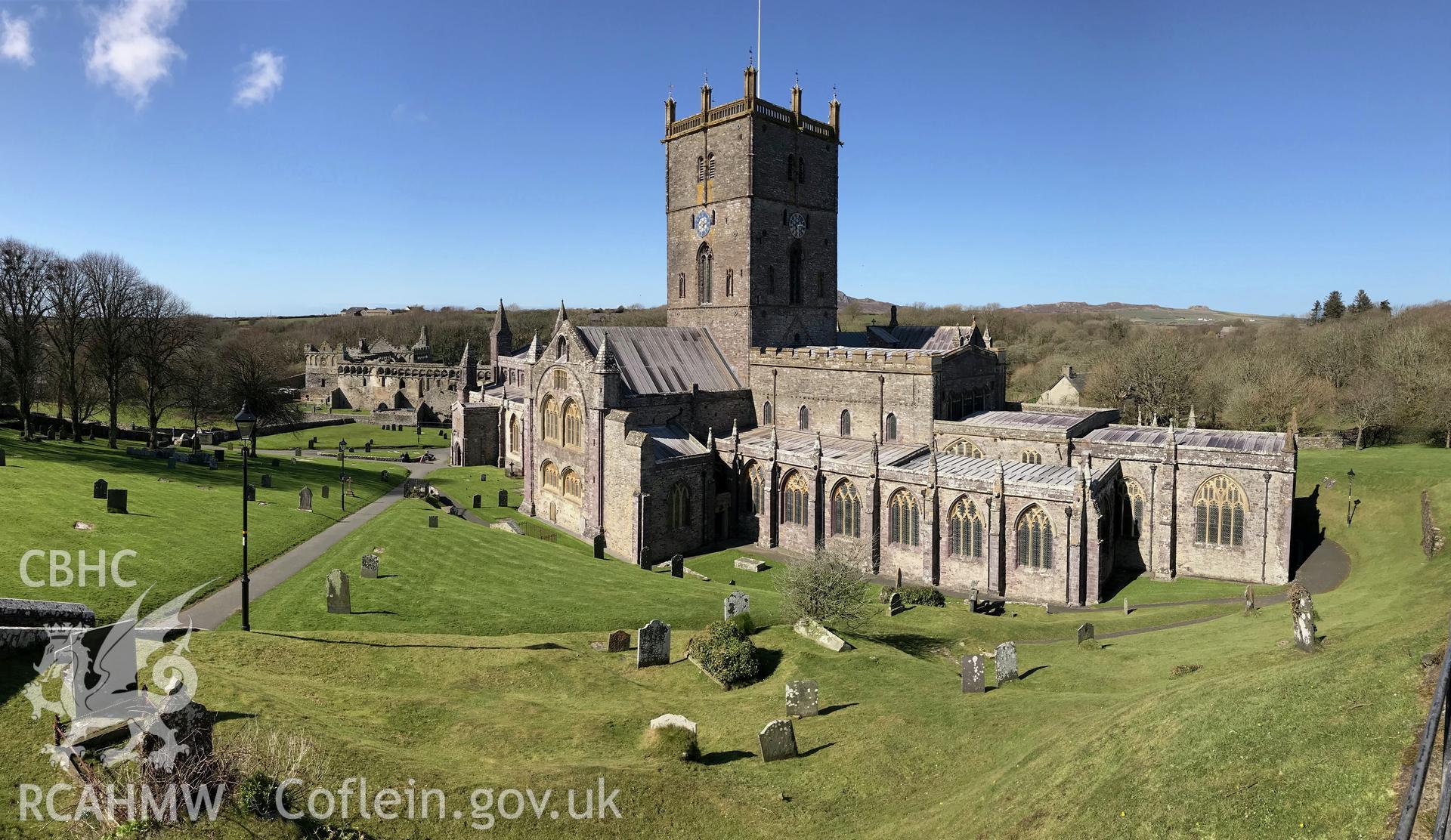 Colour photo showing view of St David's Cathedral, taken by Paul R. Davis, 2018.