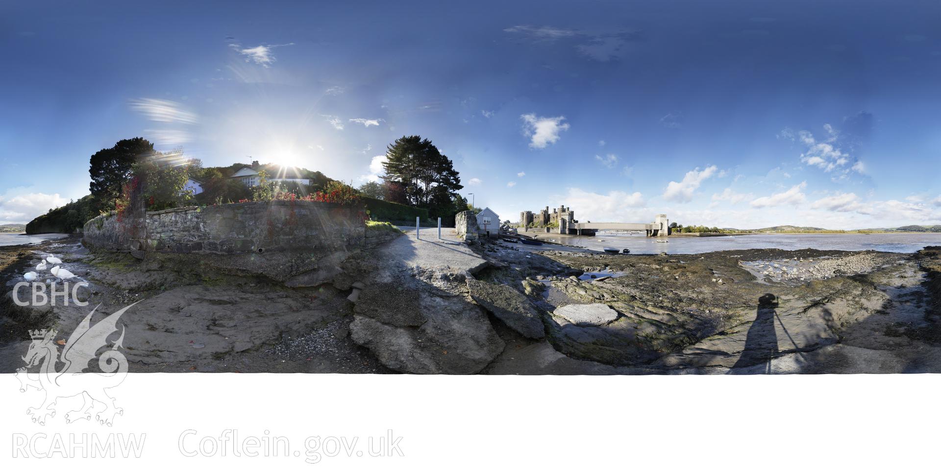 Reduced resolution Tif file of stitched images taken on the riverbank overlooking Conwy suspension Bridge, produced by Sue Fielding.