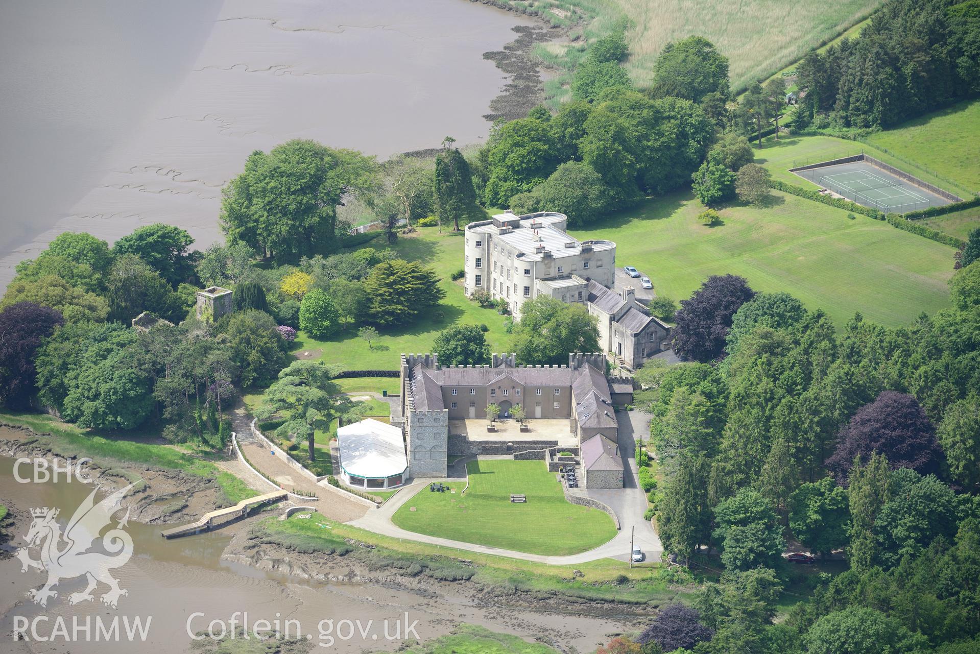 St. John's Church, and Slebech Hall, garden and stables. Oblique aerial photograph taken during the Royal Commission's programme of archaeological aerial reconnaissance by Toby Driver on 19th June 2015.