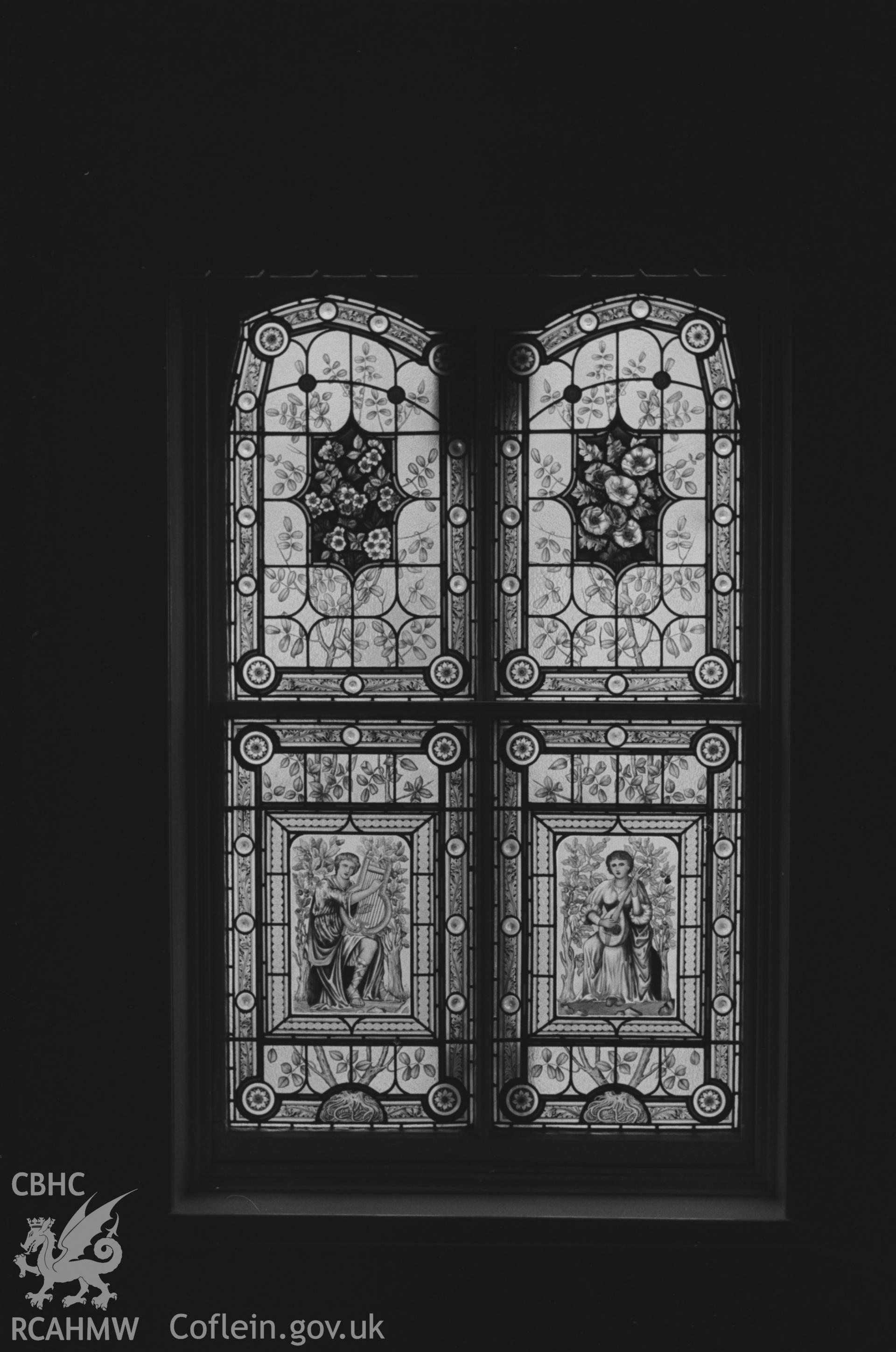Digital copy of a black and white negative showing stained glass window at St Michael's church, Lledrod, south east of Aberystwyth. Photographed by Arthur O. Chater in September 1966.