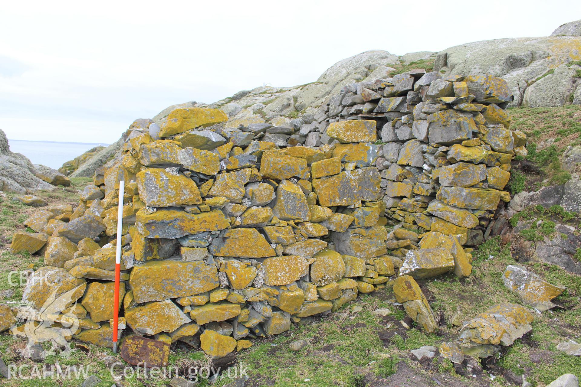 Skerries buoy keeper's cottage or stone shelter. Investigator's photographic survey for the CHERISH Project. ? Crown: CHERISH PROJECT 2018. Produced with EU funds through the Ireland Wales Co-operation Programme 2014-2020. All material made freely available through the Open Government Licence.