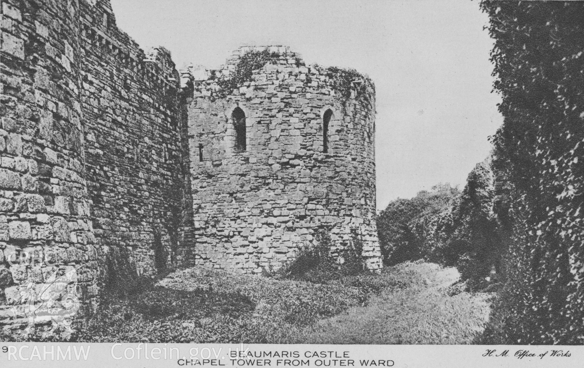 Digital copy of a view of the chapel tower from the outer ward at Beaumaris Castle.