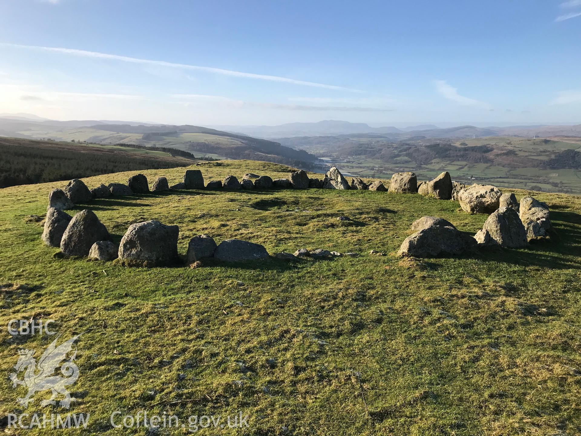 View of Moel Ty-Uchaf kerb circle, Llandrillo. Colour photograph taken by Paul R. Davis on 2nd January 2019.