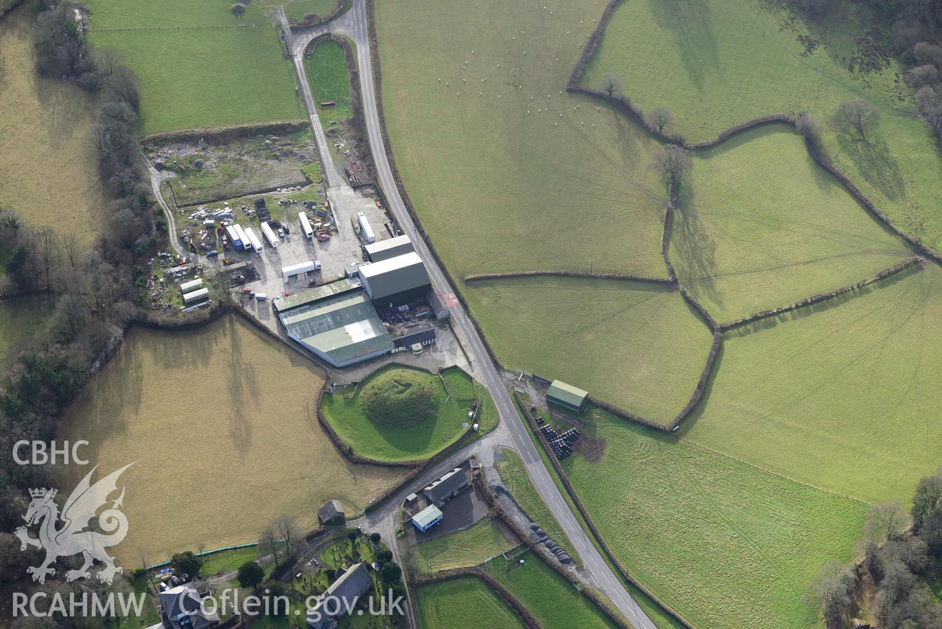 St. Hilary's Church and Vicarage, Castell Trefilan and a possible Medieval borough and later settlement. Oblique aerial photograph taken during the Royal Commission's programme of archaeological aerial reconnaissance by Toby Driver on 6th January 2015.