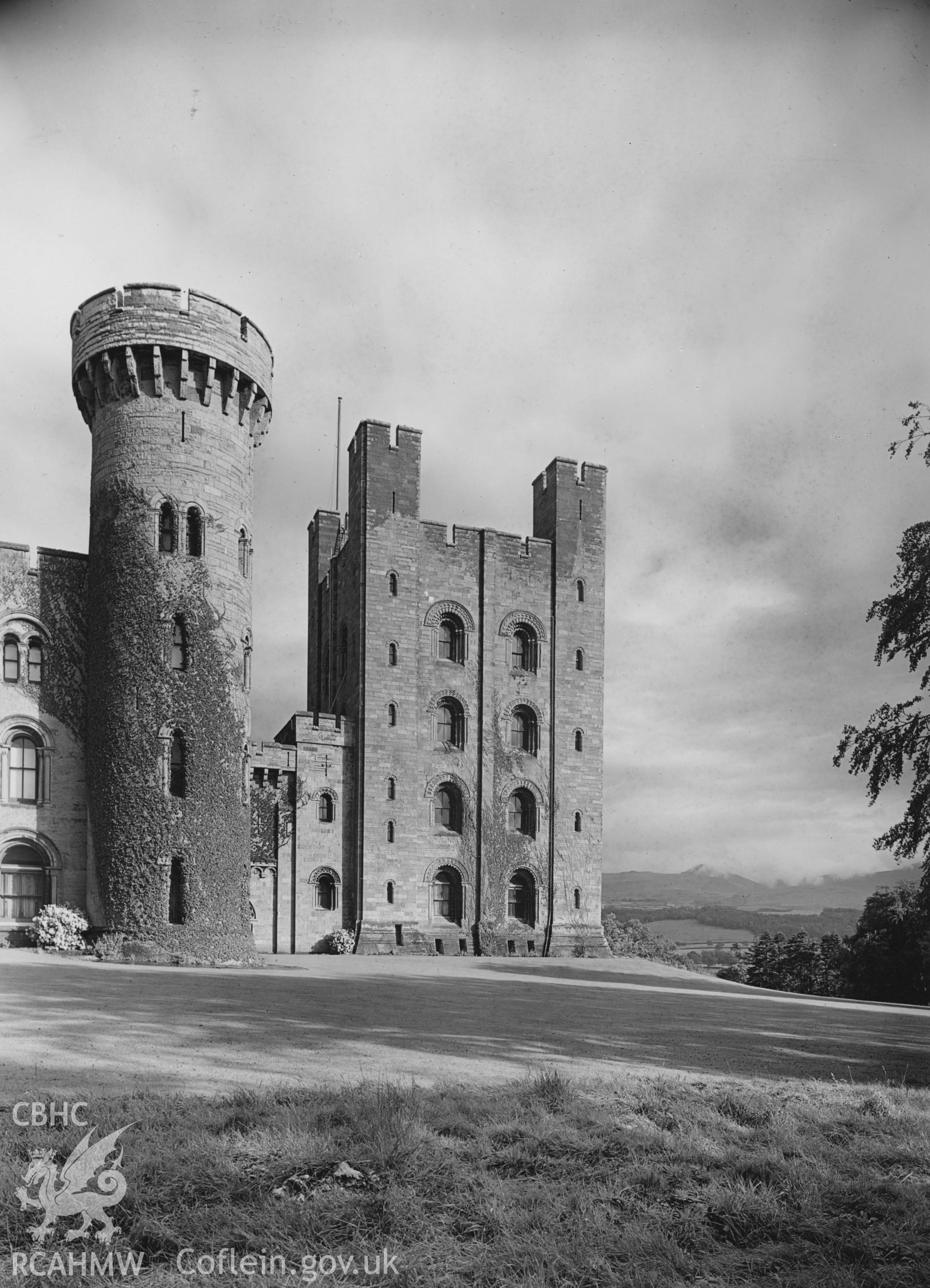 Digital copy of a 1954 photo by A.F. Kersting showing view of the keep from the northwest at Penrhyn Castle.