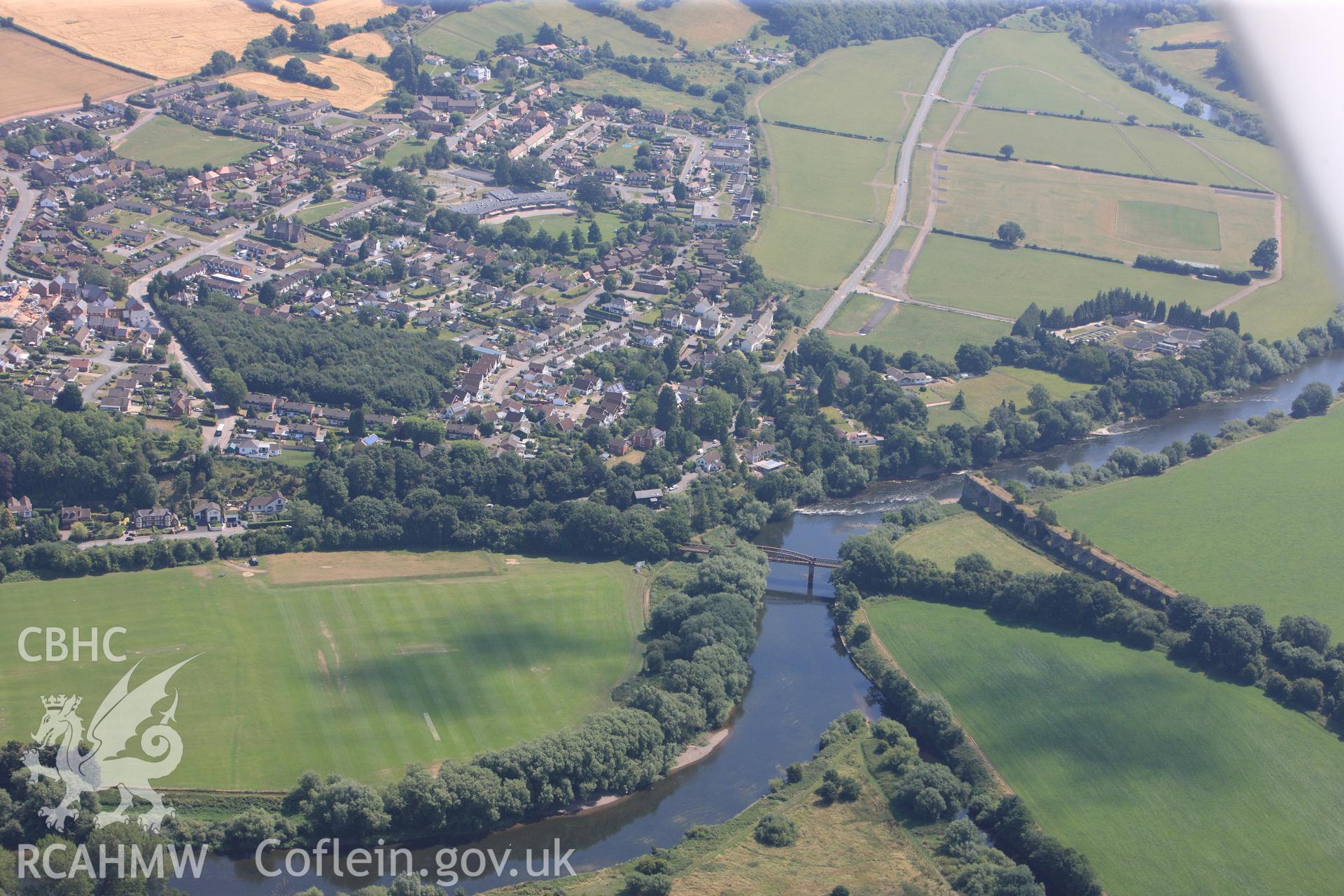 The Duke of Beaufort bridge and the Wye Viaduct (Coleford Monmouth Usk and Pontypool Railway), Monmouth. Oblique aerial photograph taken during the Royal Commission?s programme of archaeological aerial reconnaissance by Toby Driver on 1st August 2013.