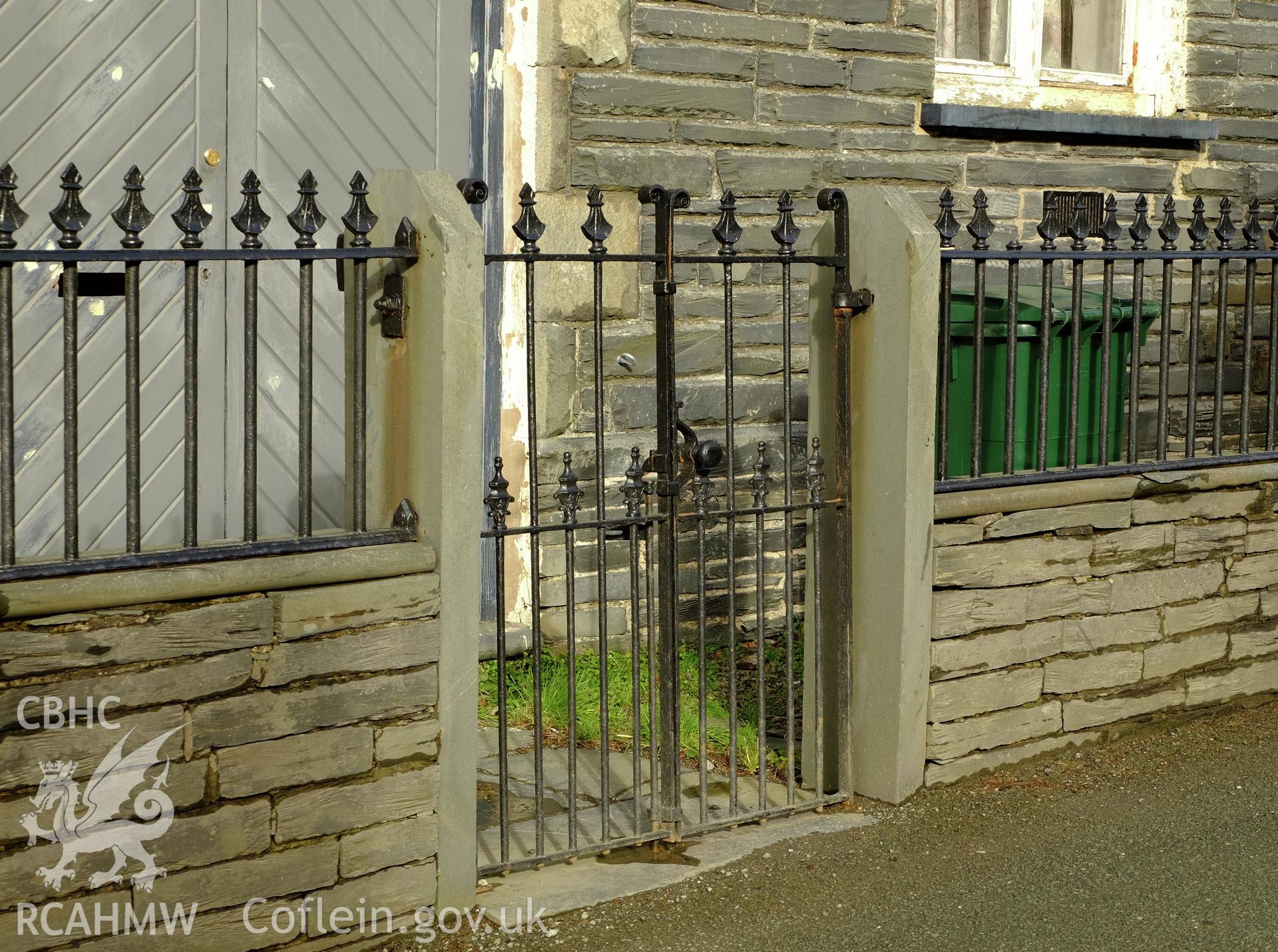 Colour photograph showing a view of Capel Saron, Abergynolwyn's forecourt wall and gates to street, produced by Richard Hayman 7th February 2017