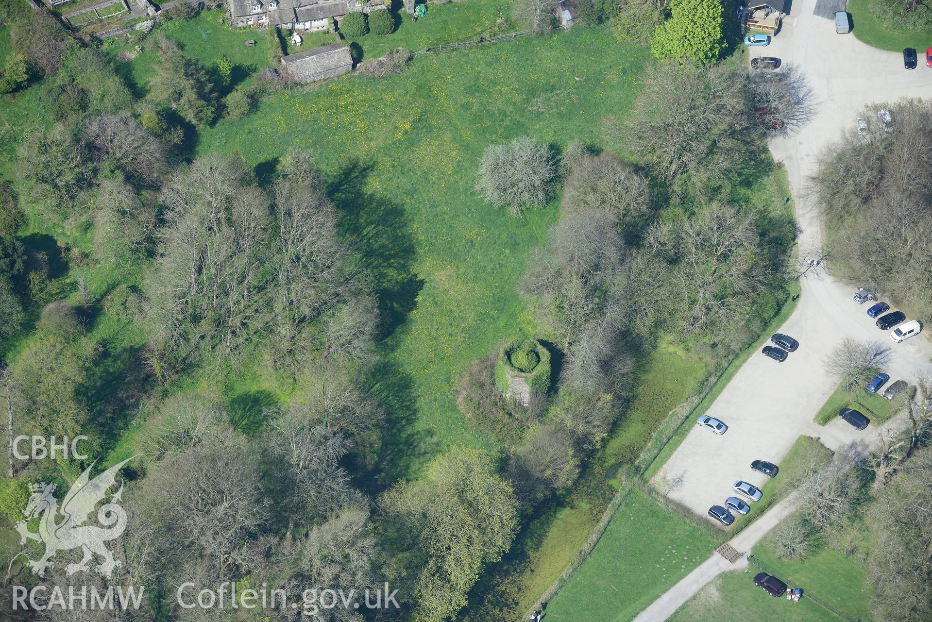 Dovecote at Dinefwr Castle. Oblique aerial photograph taken during the Royal Commission's programme of archaeological aerial reconnaissance by Toby Driver on 21st April 2015.