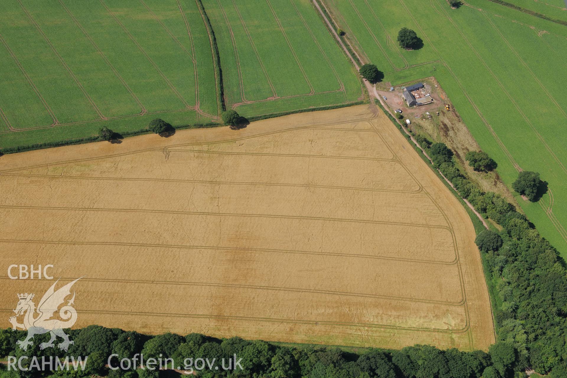 Little Hadnock Roman site, near the Wales-England border, north east of Monmouth. Oblique aerial photograph taken during the Royal Commission?s programme of archaeological aerial reconnaissance by Toby Driver on 1st August 2013.