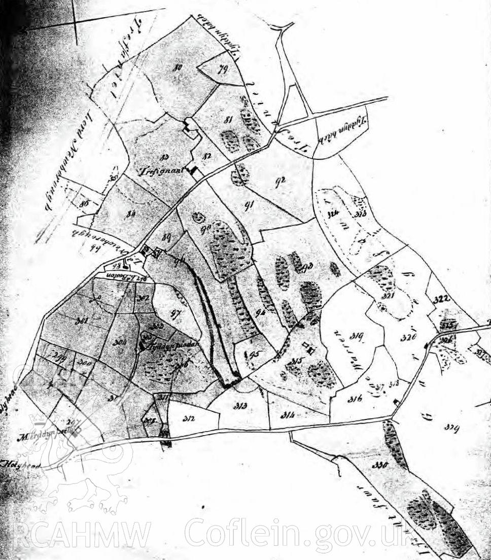 'Extract of the Penrhos estate map, c. 1817 (After Kenney, 2000).' Included in material used as part of Archaeology Wales' heritage impact assessment of Parc Cybi Enterprise Zone, Holyhead, Anglesey, conducted in 2017. Project number: P2522.