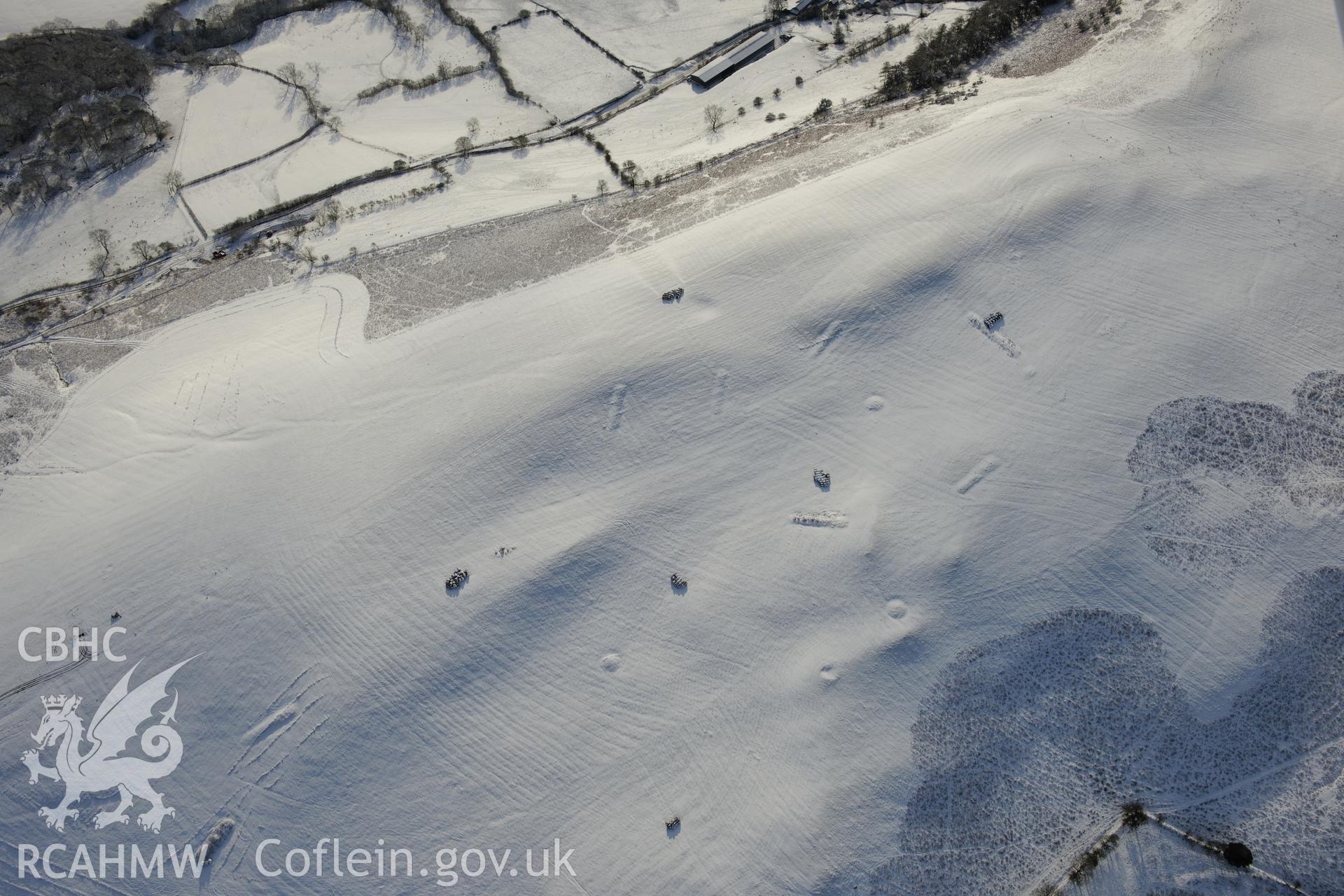 Coed Swydd pillow mounds, north east of Llandrindod Wells. Oblique aerial photograph taken during the Royal Commission?s programme of archaeological aerial reconnaissance by Toby Driver on 15th January 2013.
