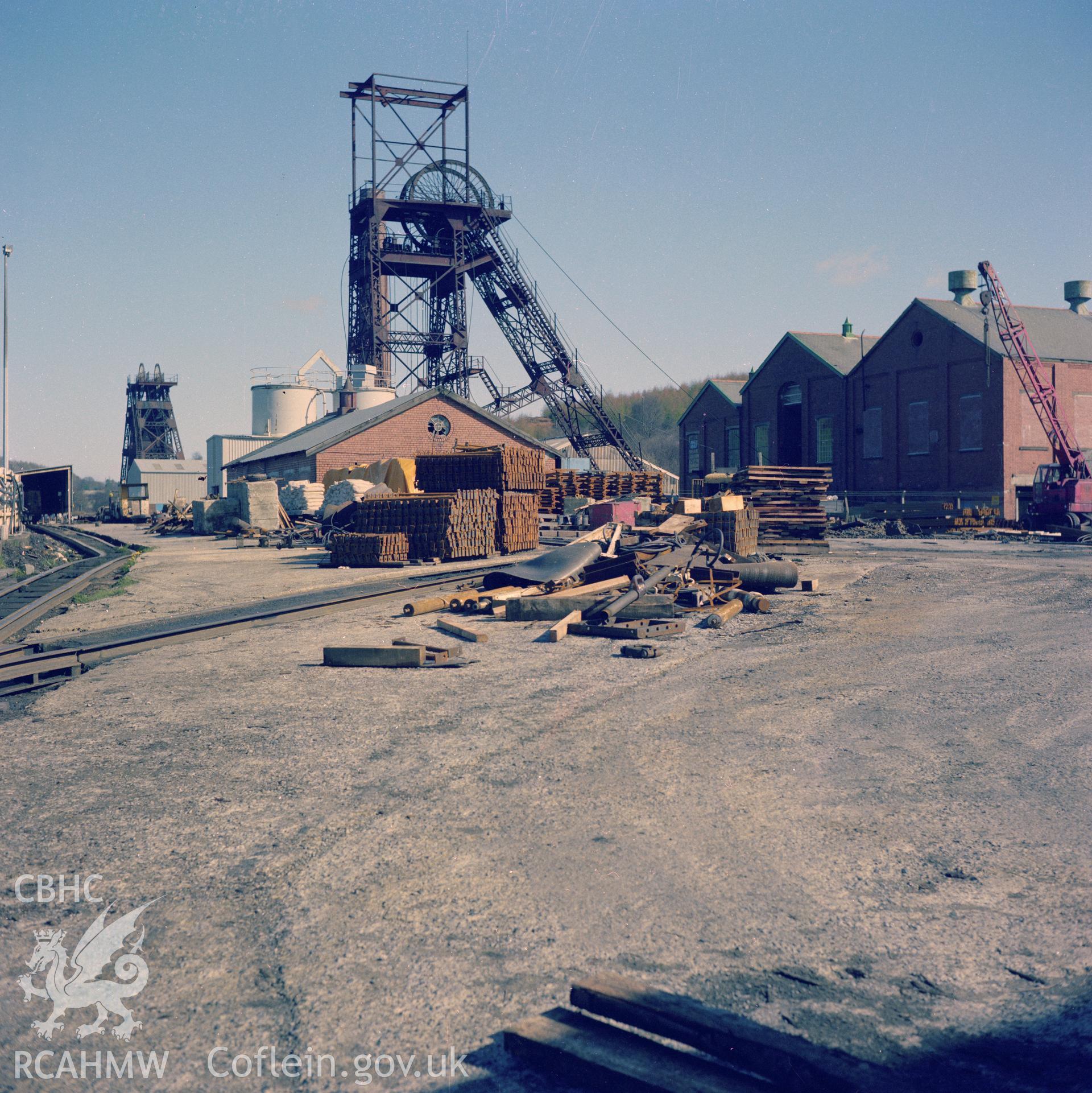 Digital copy of an acetate negative showing headframe at Cefncoed Colliery from the John Cornwell Collection.
