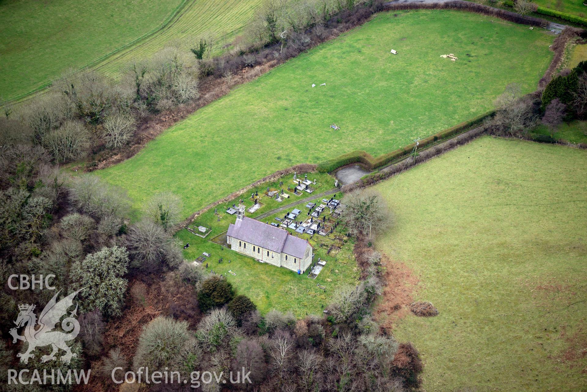 St. David's church, Bangor Teifi, near Llangeler, Llandysul. Oblique aerial photograph taken during the Royal Commission's programme of archaeological aerial reconnaissance by Toby Driver on 13th March 2015.