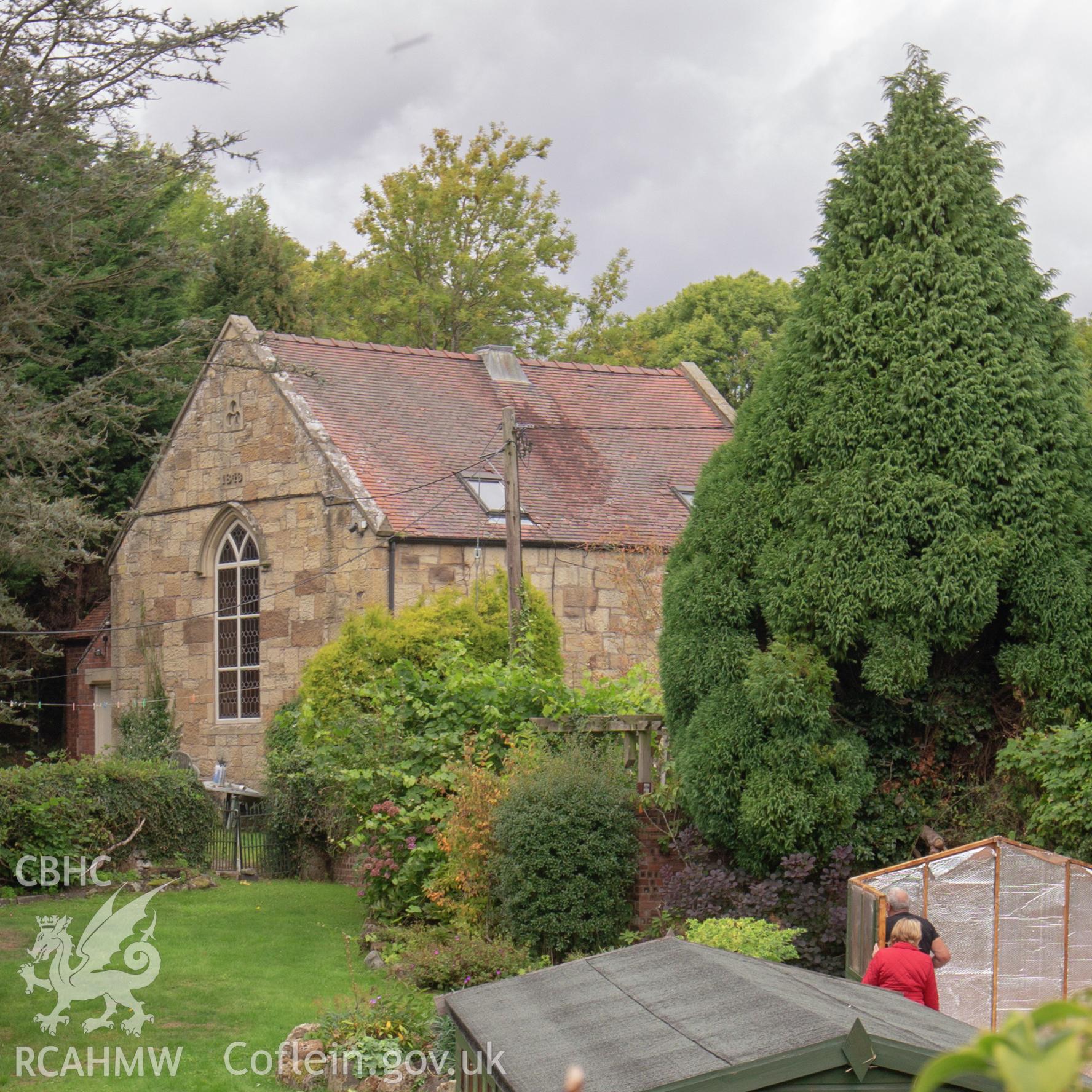 Colour photograph showing rear elevation of Jubilee English Wesleyan Methodist Church, Brynyroes, Whitehurst, Chirk. Photographed by Richard Barrett on 15th September 2018.