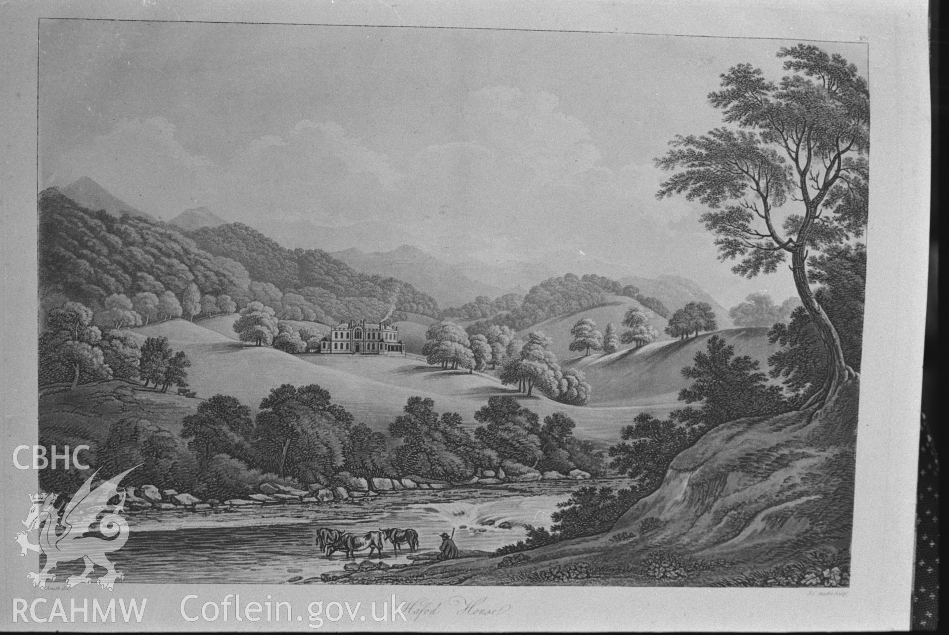 Page illustration of Hafod Uchtryd: 'Hafod House' - photographed from 'Fifteen views illustrative of a tour to Hafod in Cardiganshire' by J. E. Smith (1810). Photographed by Arthur O. Chater in January 1968 for his own private research.