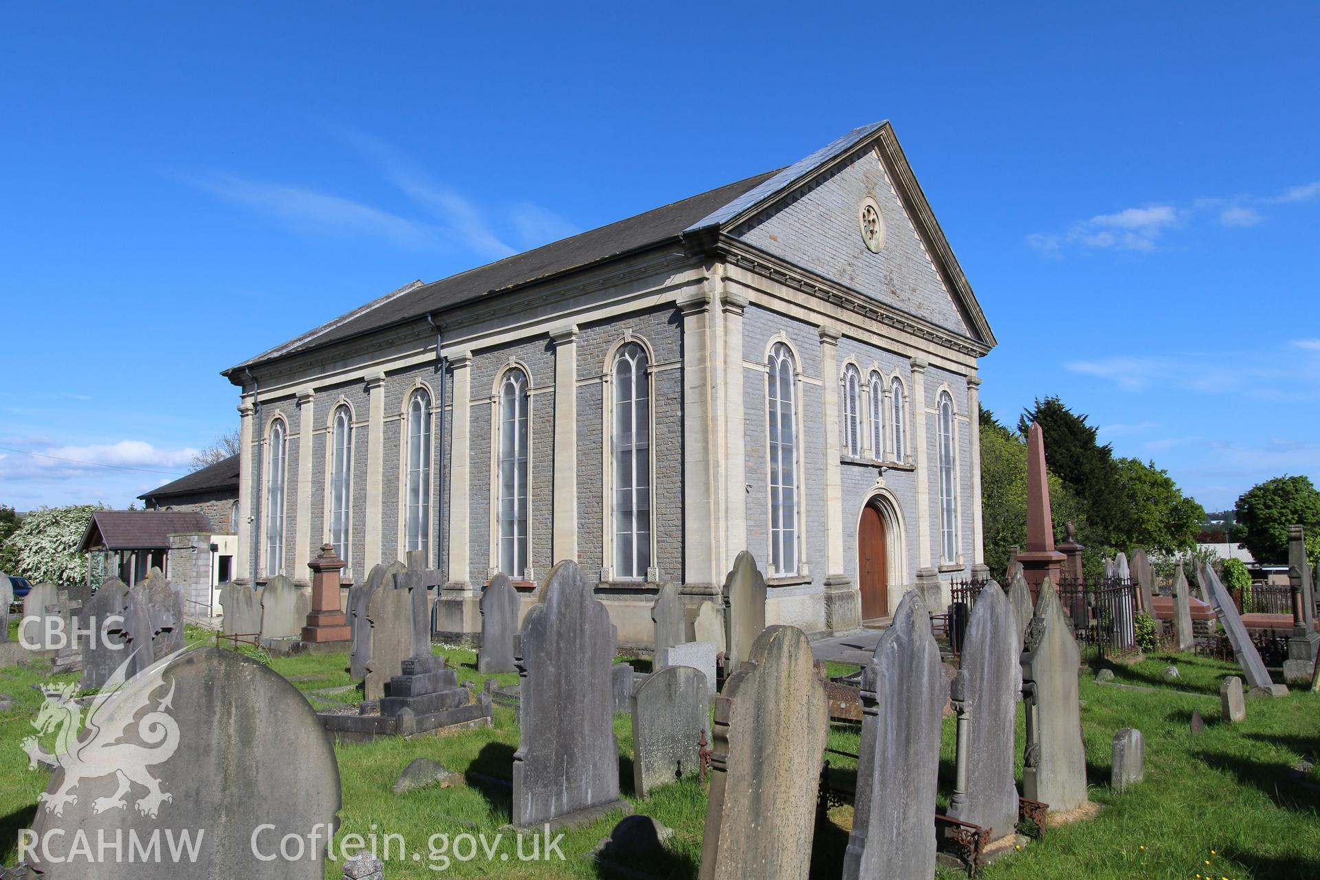 Exterior view of chapel in graveyard setting. Photographic survey of Seion Welsh Baptist Chapel, Morriston, conducted by Sue Fielding on 13th May 2017.