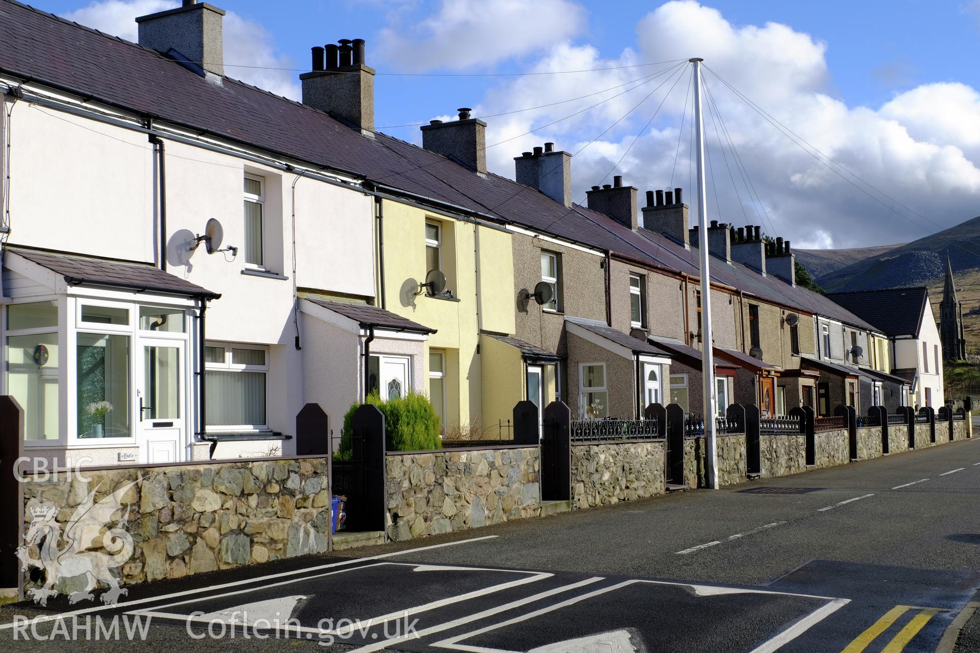 Colour photograph showing view looking east at Rhes Faenol, High Street, Deiniolen, produced by Richard Hayman 2nd February 2017