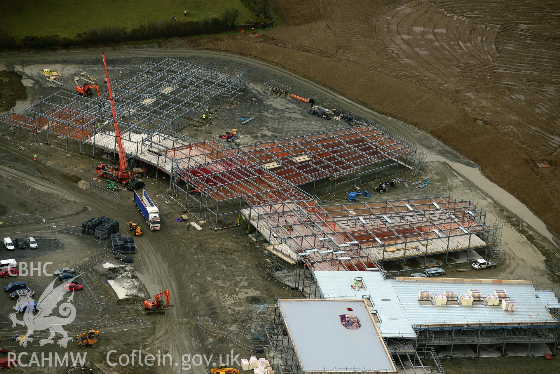 Ysgol Bro Teifi under construction on the northern outskirts of Llandysul. Oblique aerial photograph taken during the Royal Commission's programme of archaeological aerial reconnaissance by Toby Driver on 13th March 2015.