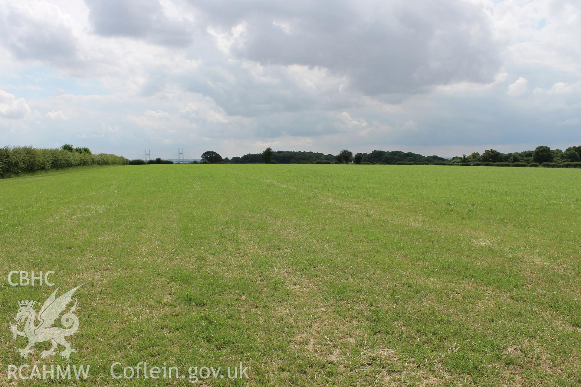 Digital photograph looking south east along the north eastern boundary of Field 1. Photographed as part of archaeological desk based assessment and geophysical survey of Oak Grove Farm, Crick, Monmouthshire, carried out by Archaeology Wales, 2015.