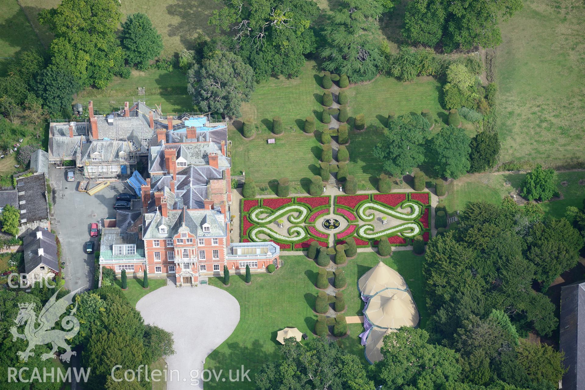 Bodrhyddan Hall and Garden, Dyserth. Oblique aerial photograph taken during the Royal Commission's programme of archaeological aerial reconnaissance by Toby Driver on 11th September 2015.