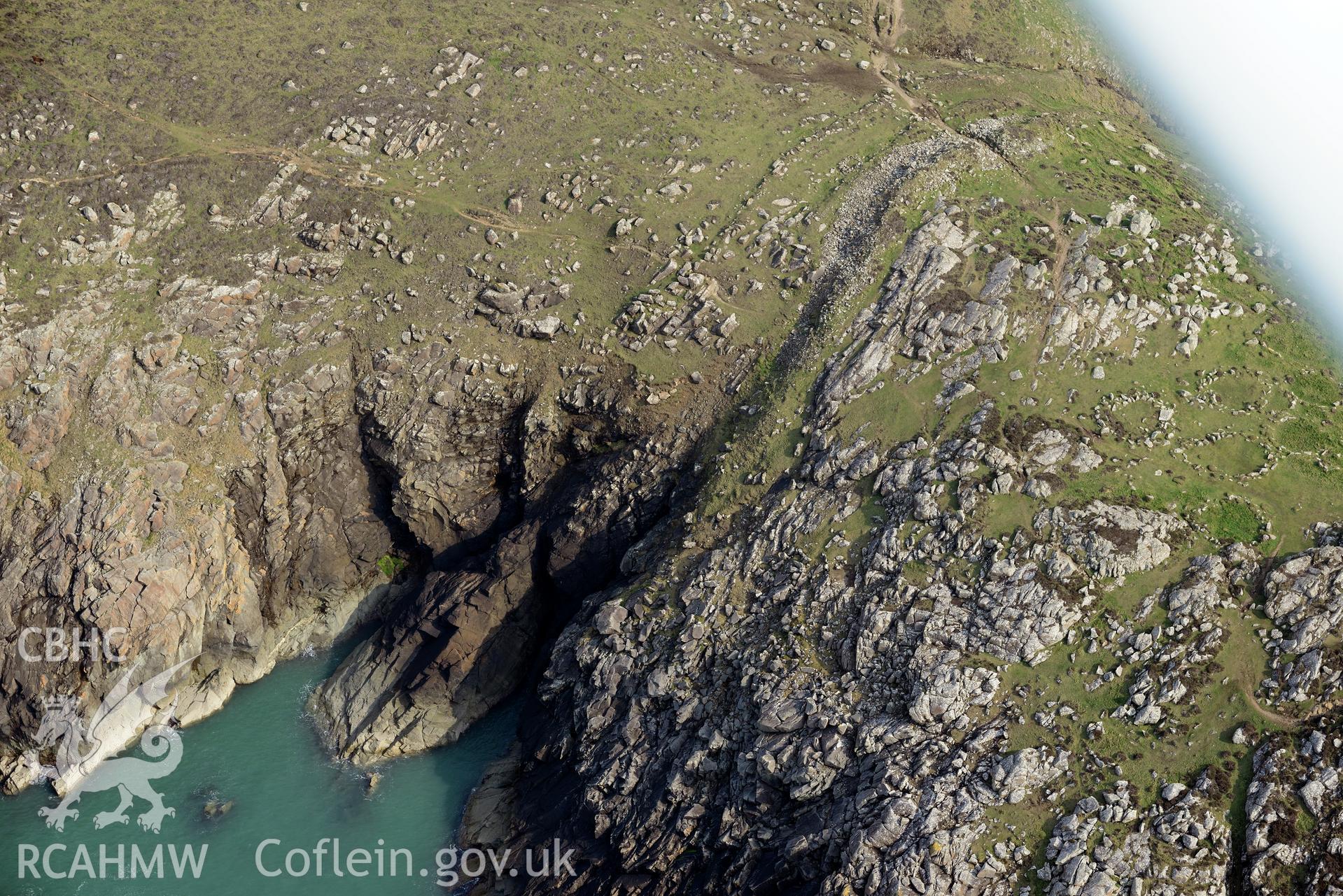 Aerial photography of St Davids Head camp taken on 27th March 2017. Baseline aerial reconnaissance survey for the CHERISH Project. ? Crown: CHERISH PROJECT 2019. Produced with EU funds through the Ireland Wales Co-operation Programme 2014-2020. All material made freely available through the Open Government Licence.