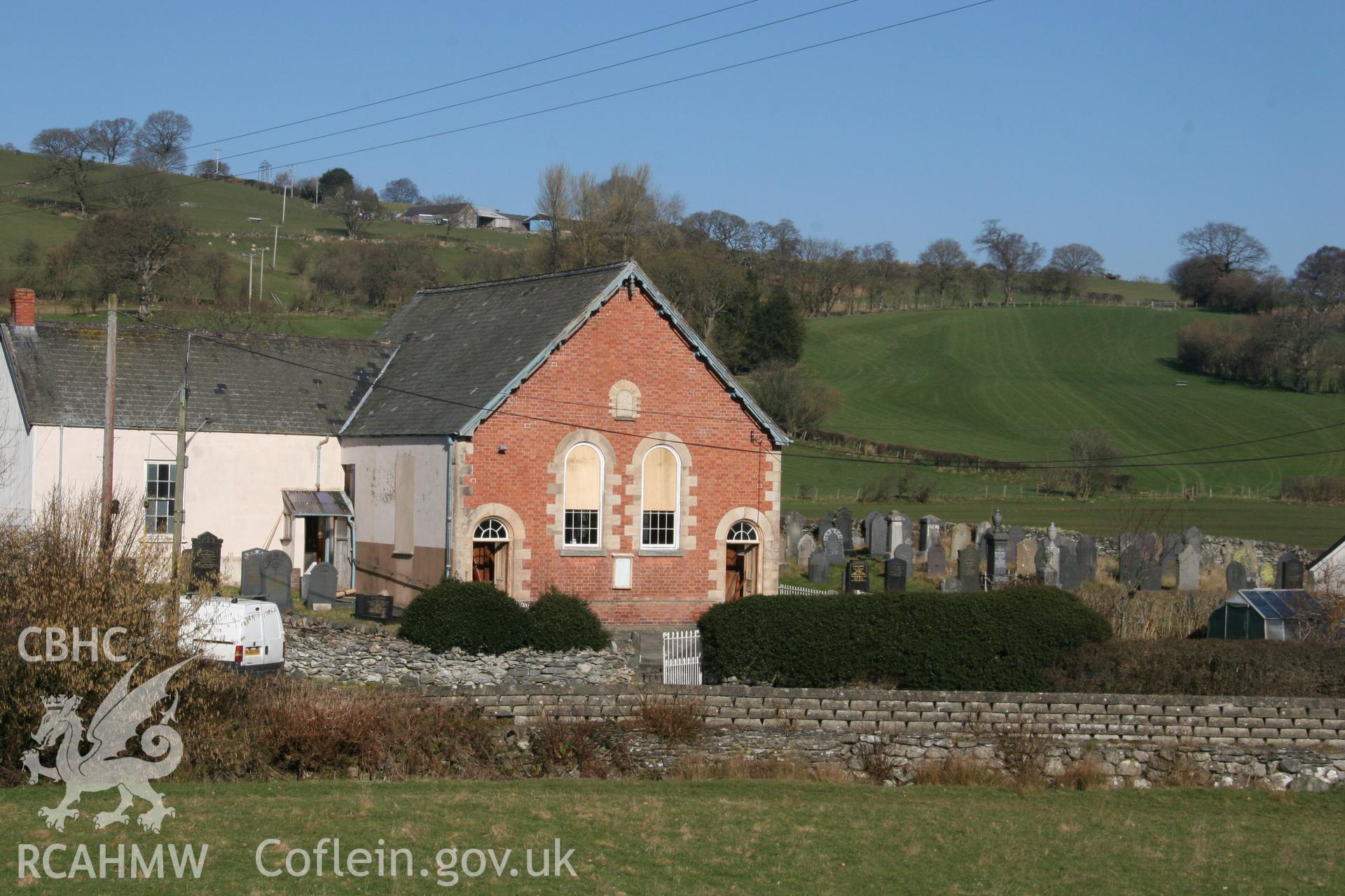 Photograph showing general exterior view of the front elevation of Llawrybettws Welsh Calvinistic Methodist chapel and graveyard, Glanyrafon, Corwen. Produced by Tim Allen on 27th February 2019 to meet a condition attached to planning application.