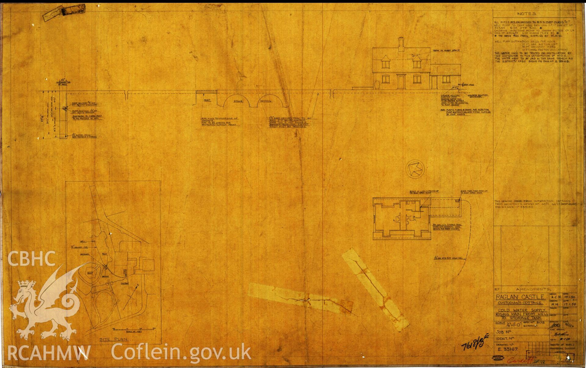 Cadw guardianship monument drawing of Raglan Castle. Cottage, cold water supply. Cadw Ref. No:E35167. Scale 1:96.