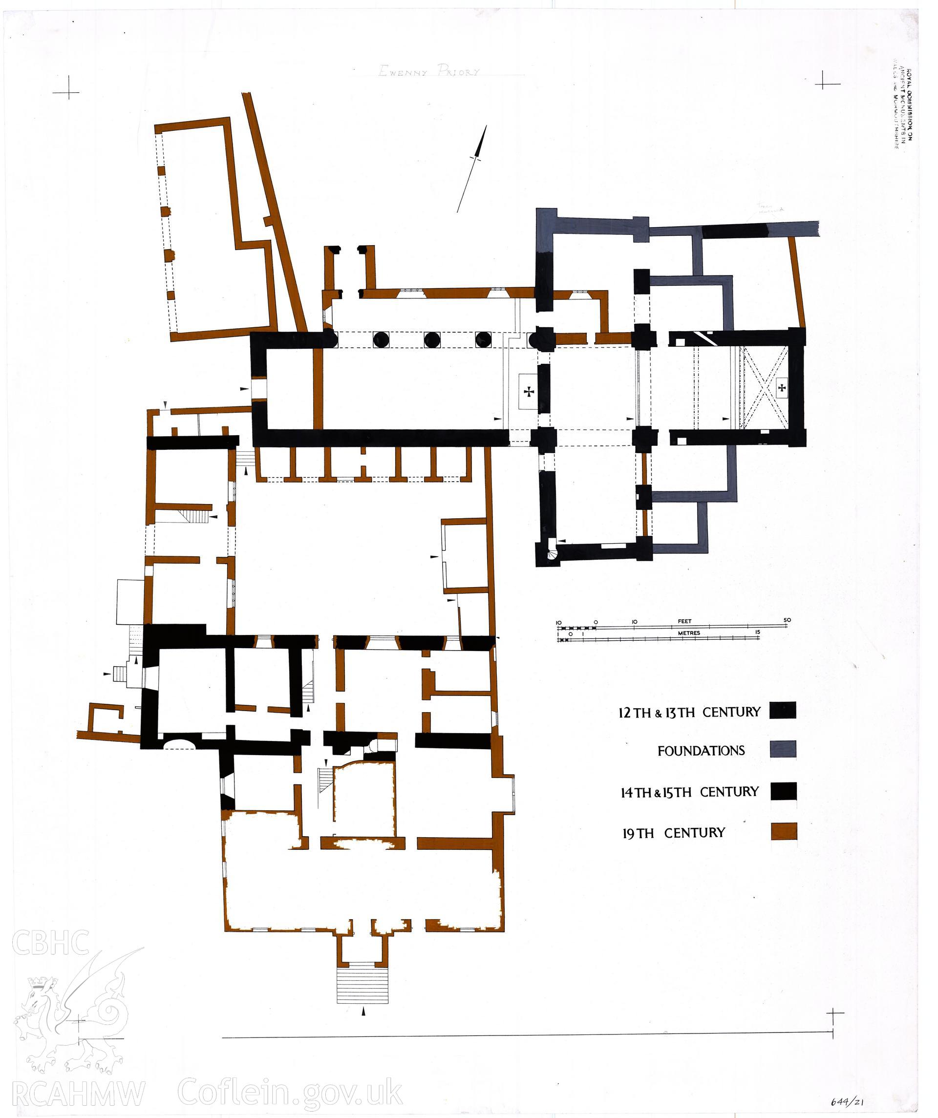 Cadw guardianship monument drawing of Ewenny Priory. Church + house, plan. Cadw Ref. No:664/21 (664?). Scale 1:100.