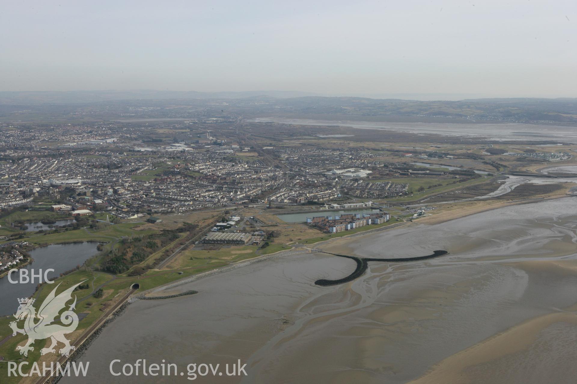 RCAHMW colour oblique photograph of Breakwater west of Llanelli;Machynys, landscape. Taken by Toby Driver on 02/03/2010.