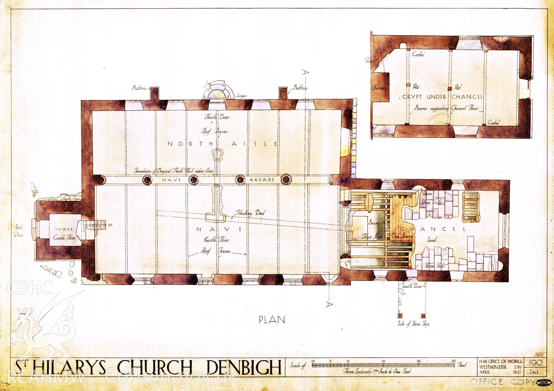 Cadw guardianship monument drawing of Denbigh St Hillary's Church. Plan + crypt (tinted). Cadw Ref. No:190/1A1. Scale 1:64.