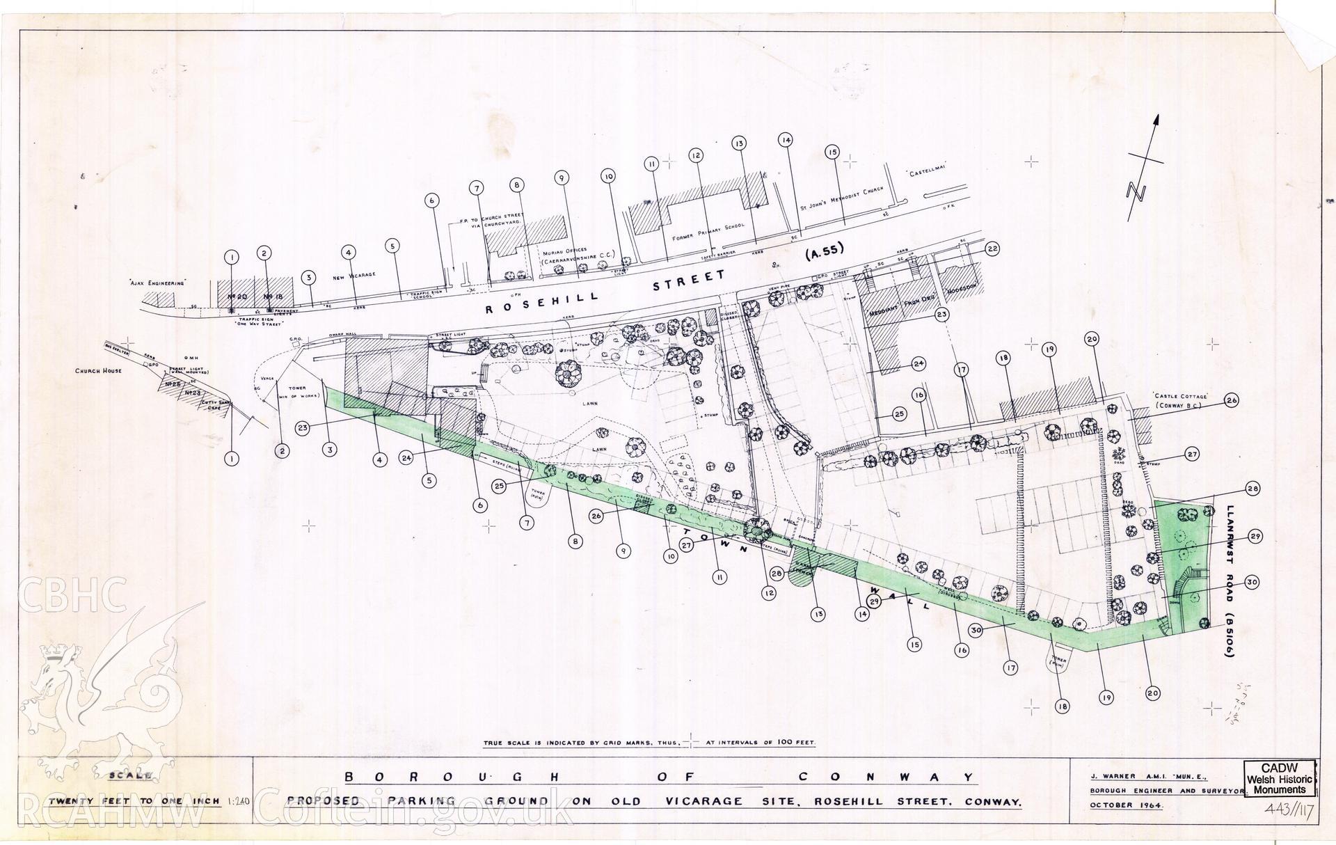 Digital copy of Cadw guardianship monument drawing of Conwy Walls, proposed parking ground on Old  Vicarage Site, Rosehill Street, Conway. Cadw Ref. No:443//117. Scale 1:240. October 1964.