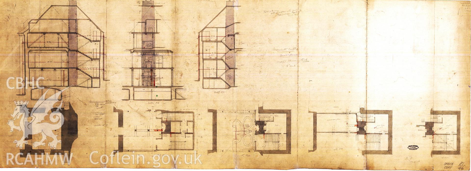 Cadw guardianship monument drawing of Monmouth Castle House. Chimney Sections. Cadw Ref. No:81/46. Scale 1:96.
