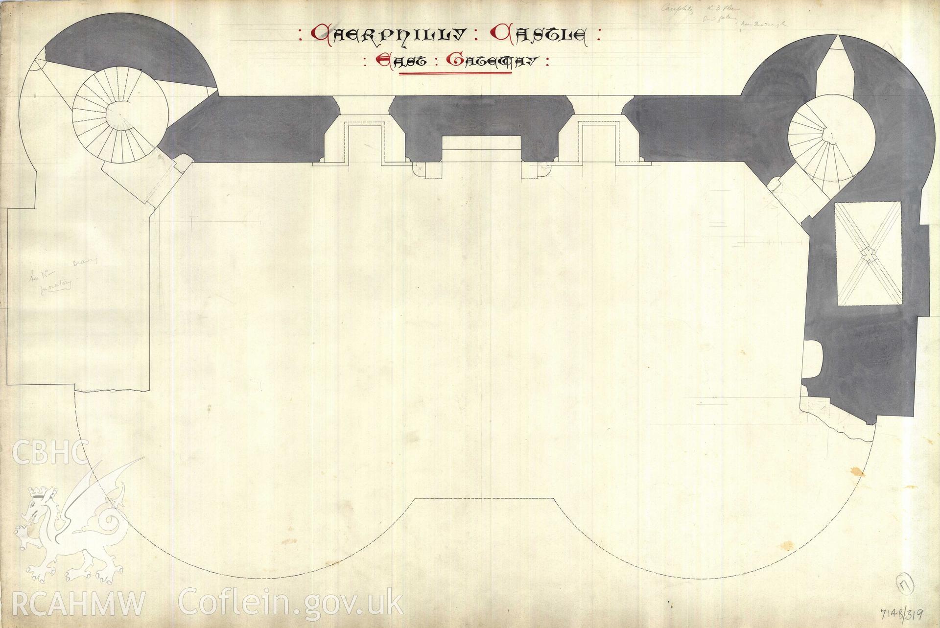 Cadw guardianship monument drawing of Caerphilly Castle. Inner ward Inner E gate, top floor pl. Cadw Ref. No:714B/319. Scale 1:24.